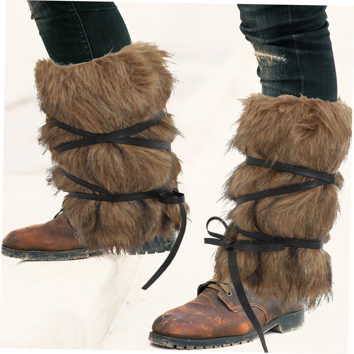 Didiseaon 2Pcs Viking Faux Fur Leg Wraps for Cosplay Costume Accessories Unisex Warm Furry Boot Covers for Men and Women for Costume Parties and Everyday Wear Includes