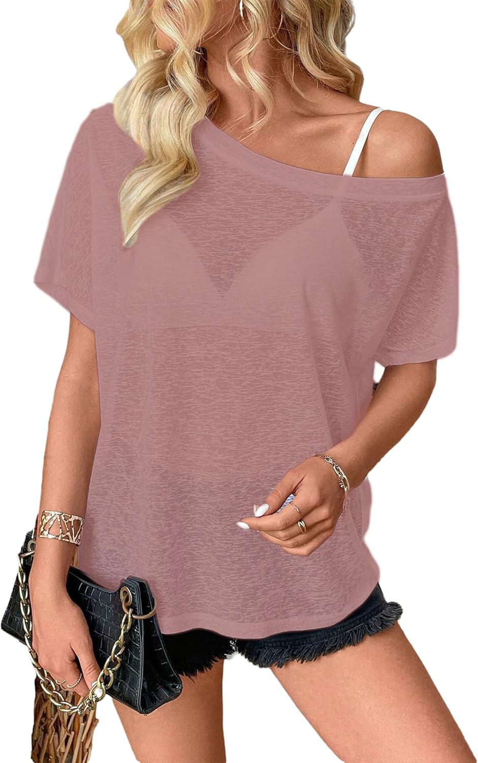 Off The Shoulder Tops for Women Sexy Mesh See Through Short Sleeve Summer Shirt - Image 4