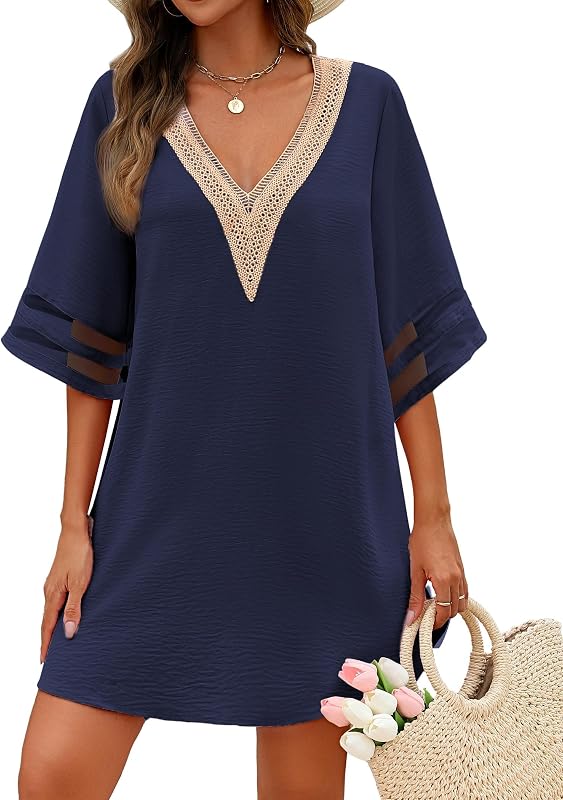 AI'MAGE Women's Swimsuit Cover Up 3/4 Bell Sleeve Loose Beachwear Deep V-Neck Bikini T-Shirt Beach Dress S-XXL