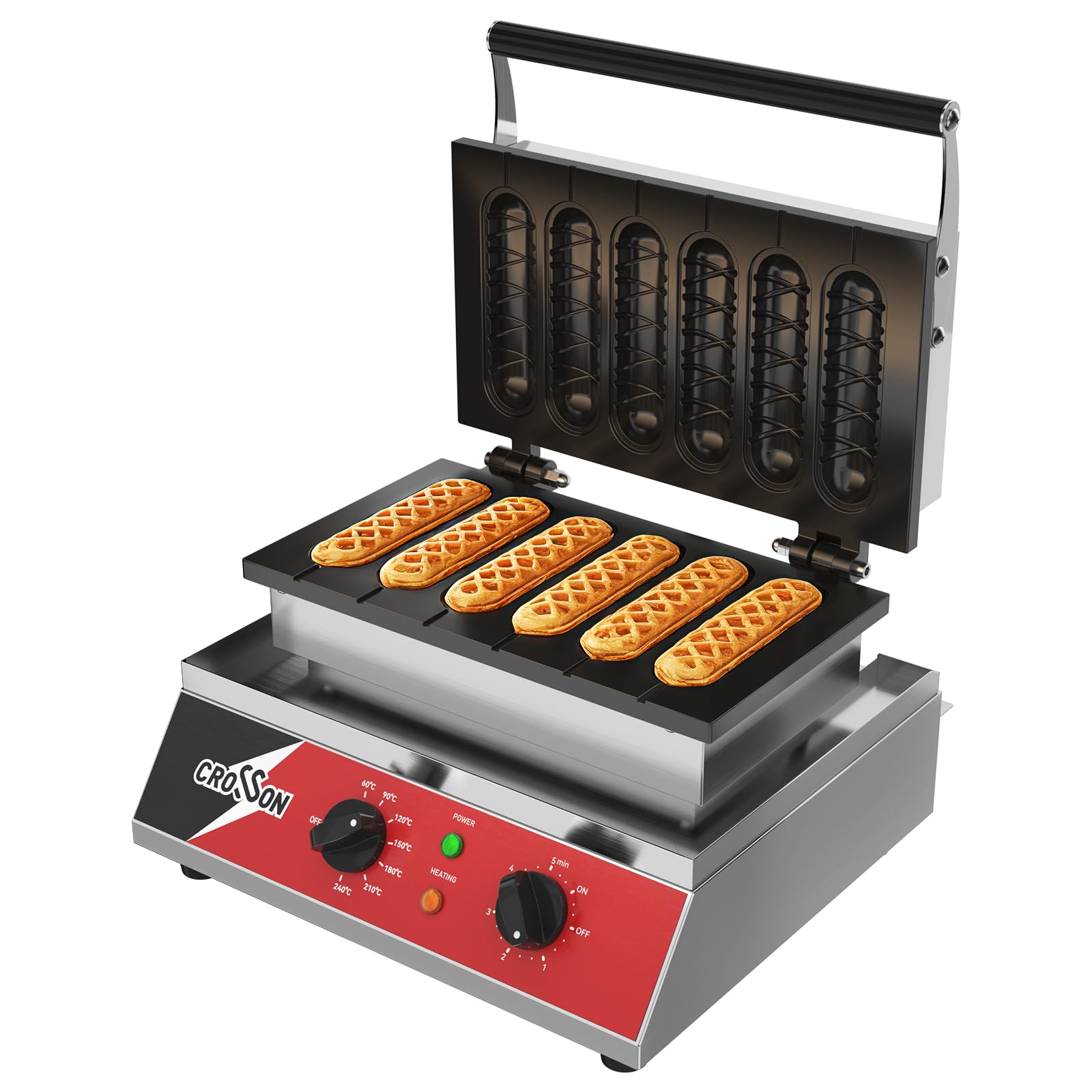 CROSSON Machine à Gaufres Pour Corn Dogs Commerciale,6 Pièces Gaufrier professionnel en acier inoxydable avec Revêtement Anti-Adhésif Contrôle de la Température et du Temps,1600W