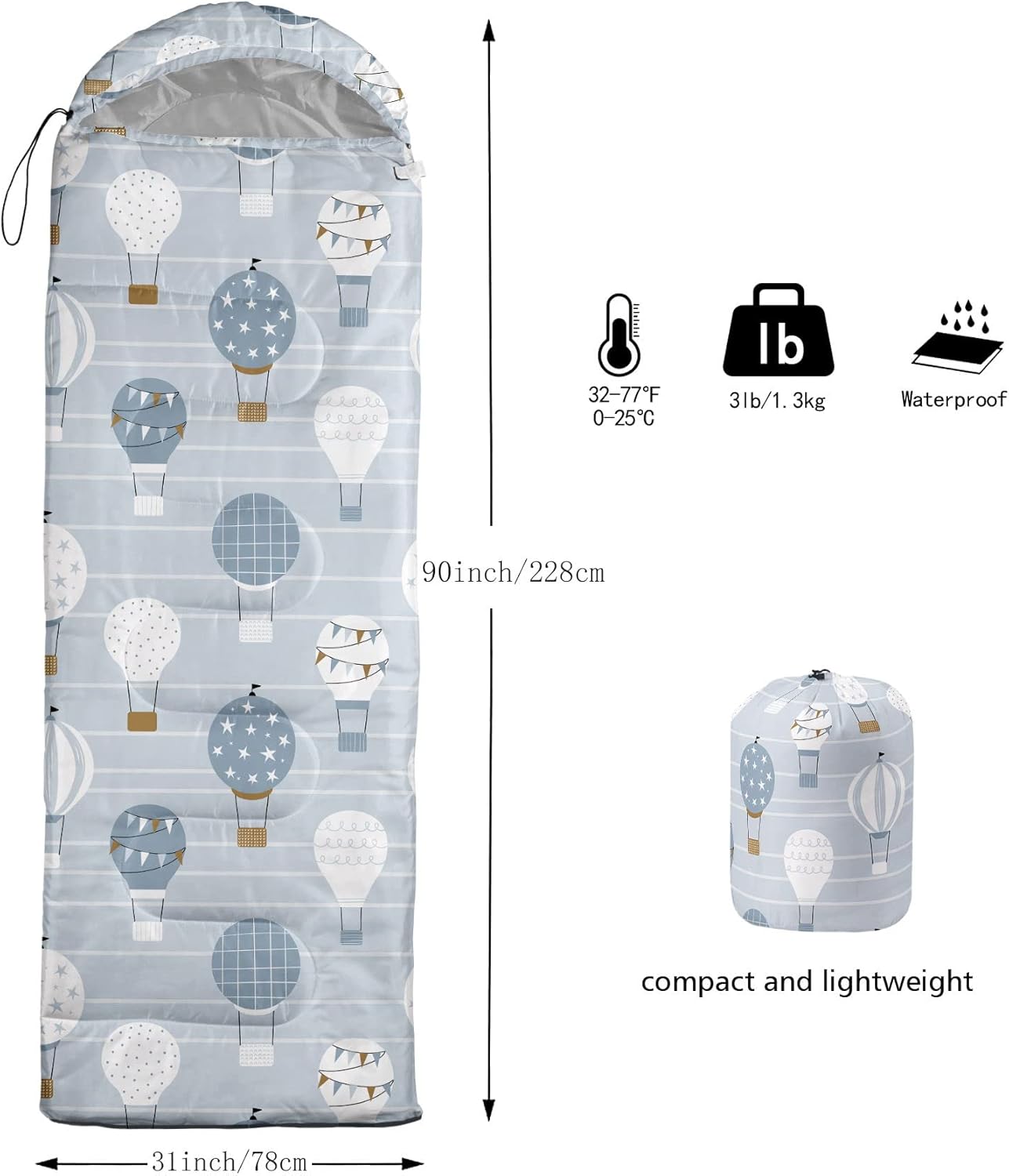 Kids Sleeping Bag for Boys Girls,Hot Air Balloon-Lightweight Warm Portable Outdoor Indoor-Waterproof Cold Weather Resistant Sleeping Bag for Camping Hiking(Hot Air Balloon)