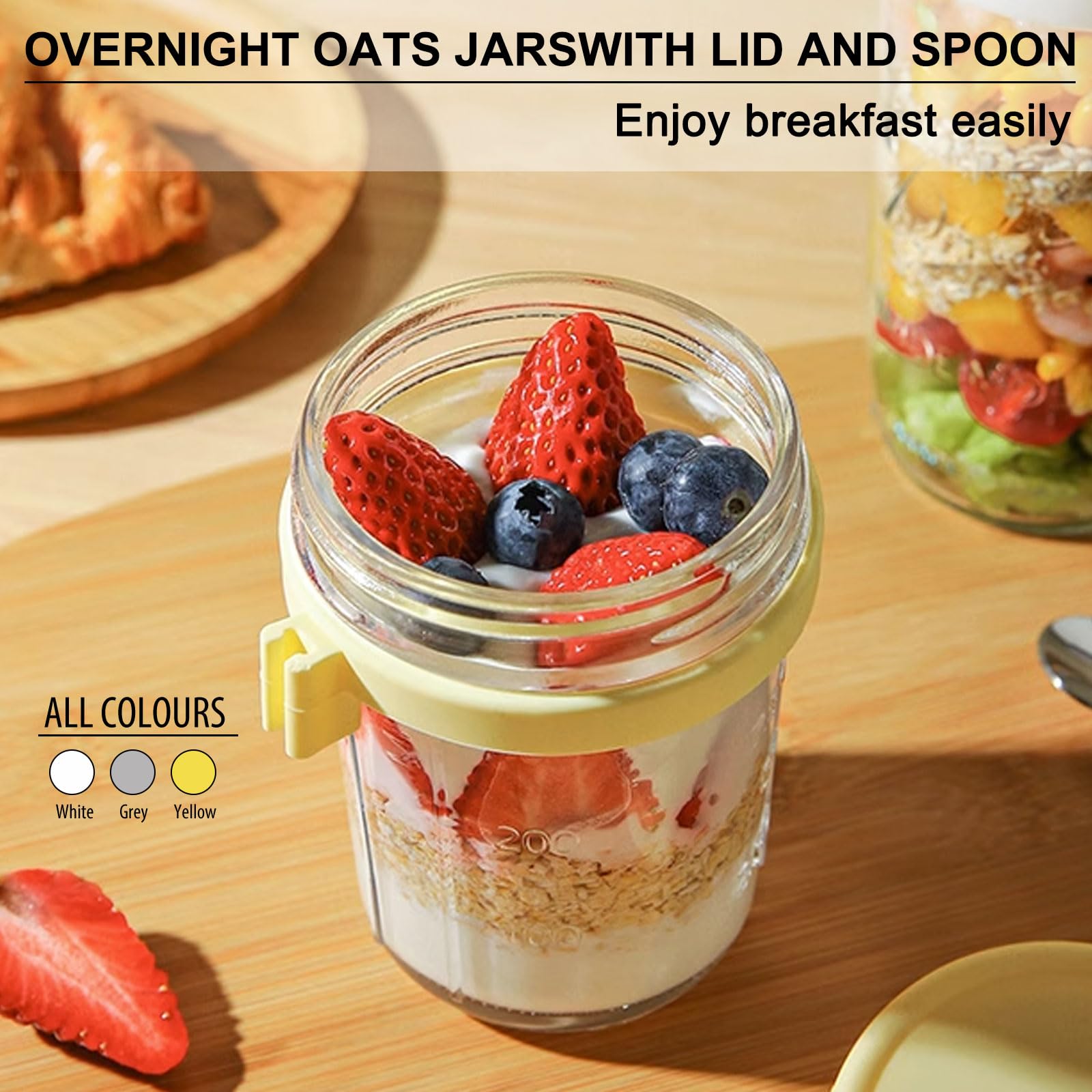 Overnight Oats Jars, 2 pezzi Barattoli di avena durante la notte con coperchio e cucchiaio, Tazza di Muesli To Go, Tazza Yogurt e Cereali per Insalate Latte Cereali Frutta(Giallo, 350 ml)