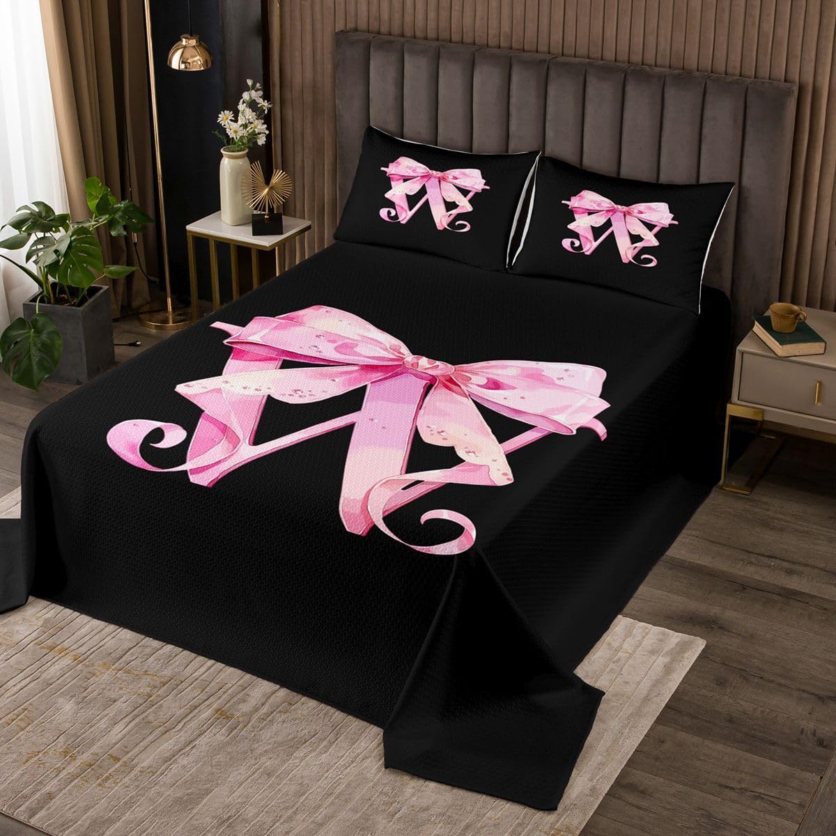 jejeloiu Princess Style Bowknot Bedspread King Size Personalized Initial V Coverlet Set Pink Black Glitter Bow Quilted Coverlet for All Season with 2 Pillowcases Lightweight