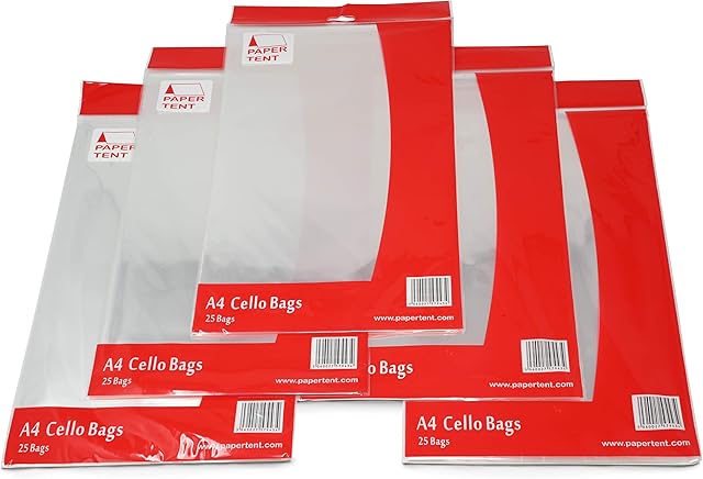 Papertent A4 Cello Bags, 40 Micron, Qty 125 (5 PACKS x 25)
