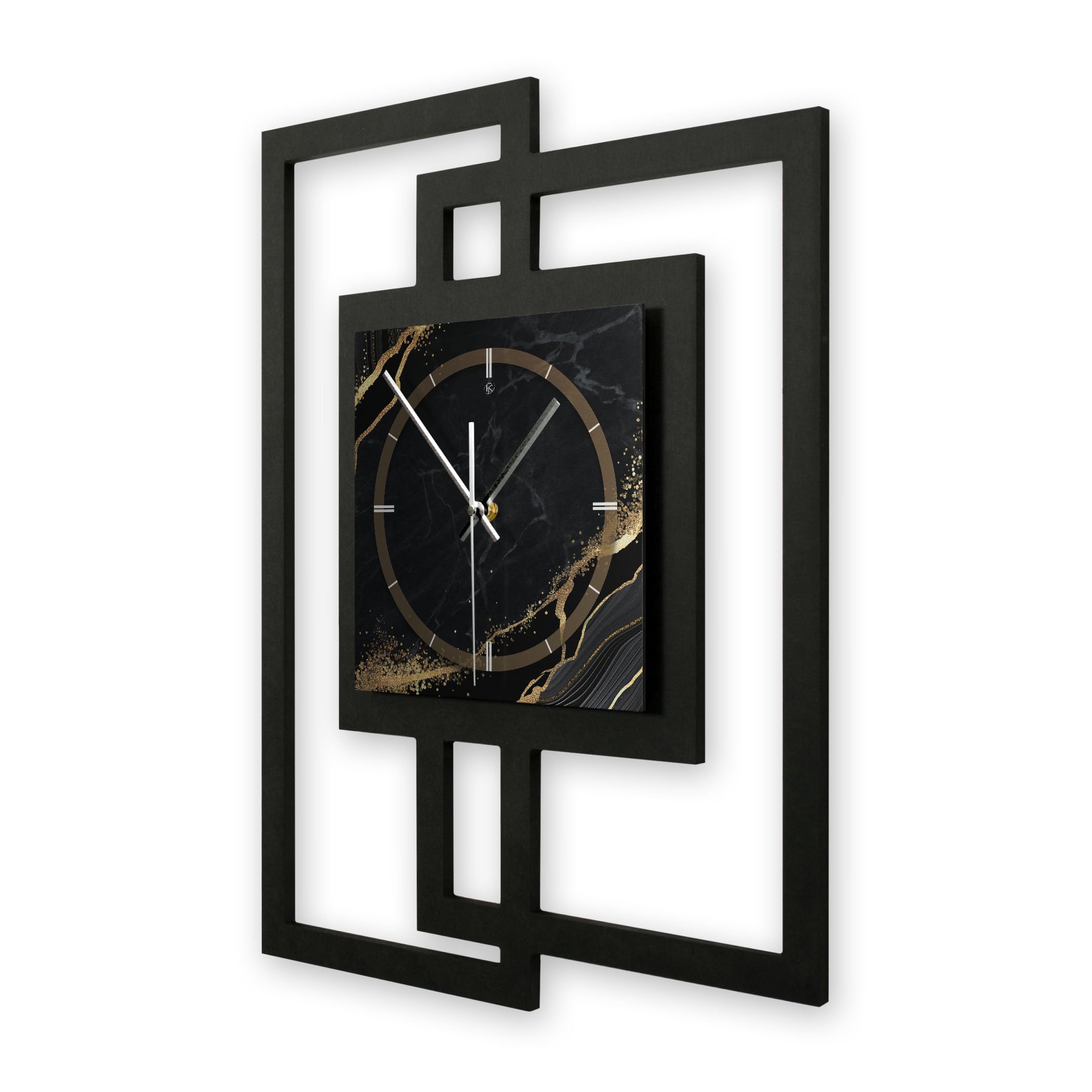 Kreative Feder Designer-Wanduhr in modernem Metallic-Look ohne Tickgeräusche (Black & Gold Waves, leises Funkuhrwerk)