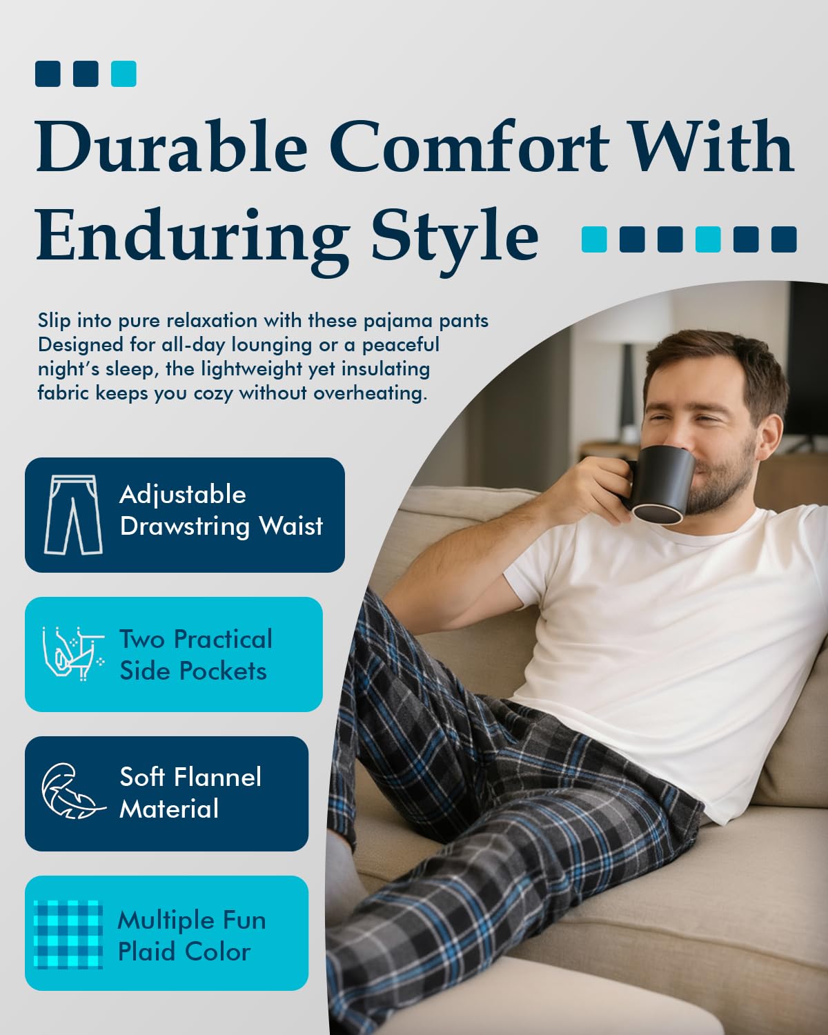 Active Club Men’s Flannel Pajama Pants – Soft Sleep & Lounge Pants with Pockets & Adjustable Drawstring – Plaid Lounge Bottoms (Black Blue Plaid, Large)