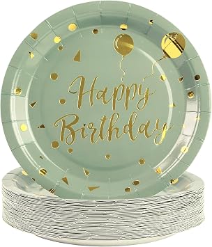 50 Pack Sage Green and Gold Happy Birthday Paper Plates, 7 inch Metallic Foil Polka Dots Disposable Dessert Party Supplies Plates for Graduation St Patricks Wedding Holiday Christma Party Decorations