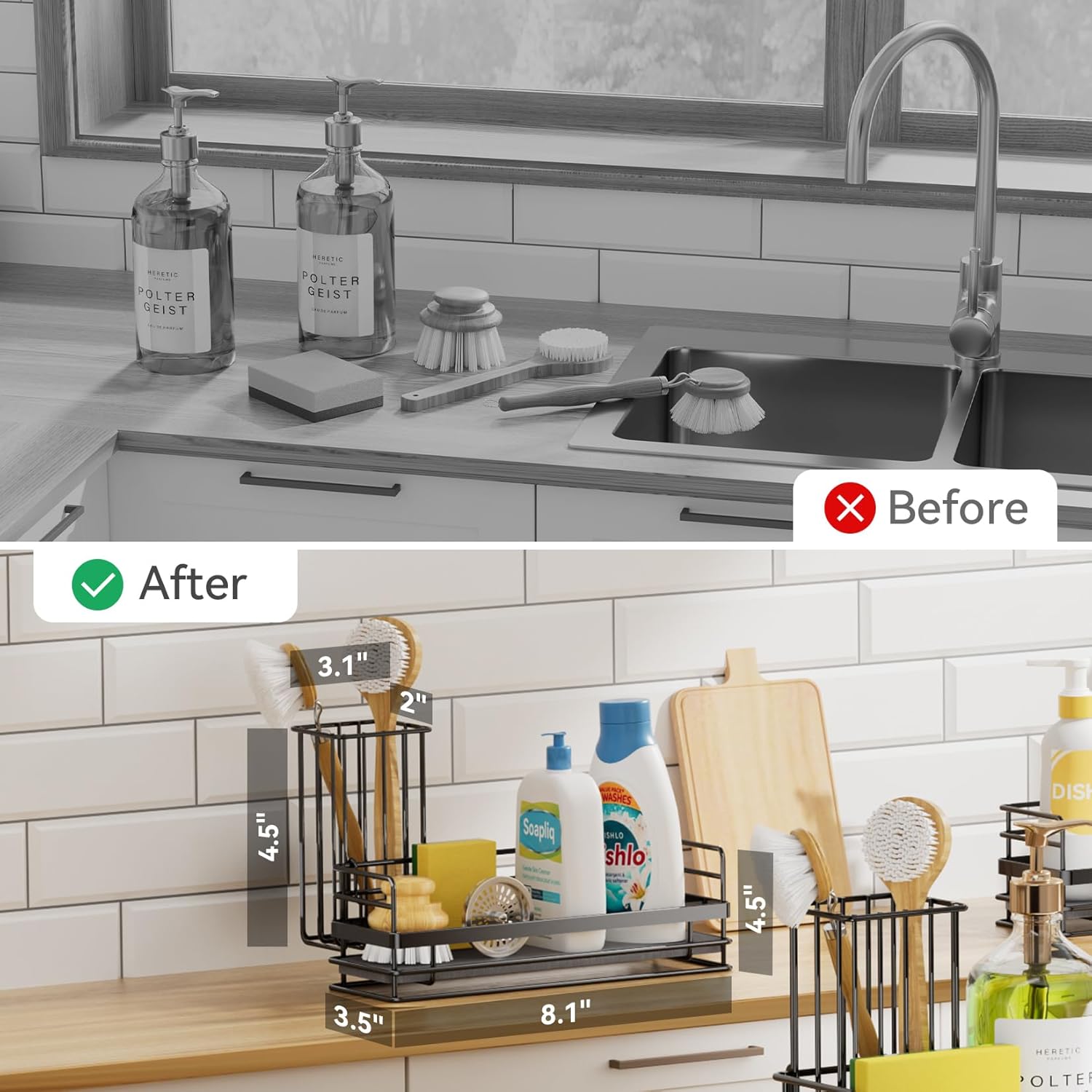 Yofidra Sink Caddy With Stone Drying Tray: Stainless Steel Soap Dispenser Kitchen Sink Organizer Set, Sponge Holder Counter Accessories Decor for Kitchen Organizers and Storage 8.1x3.5x4.5 in Black - Image 6