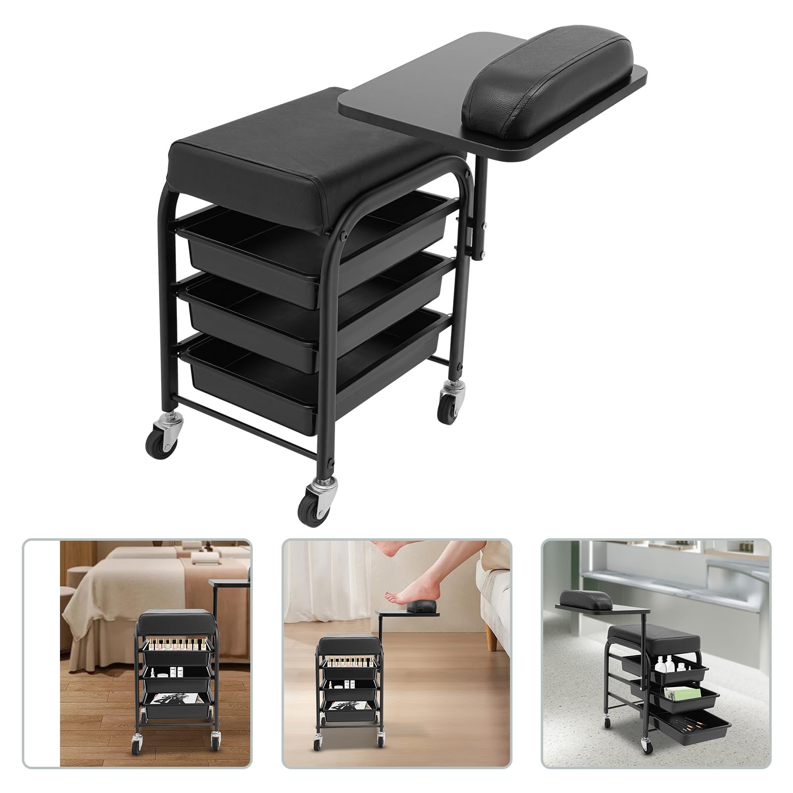 Chariot de spa portable pour bain de pieds avec 3 tiroirs, 4 roues universelles et plateau rotatif