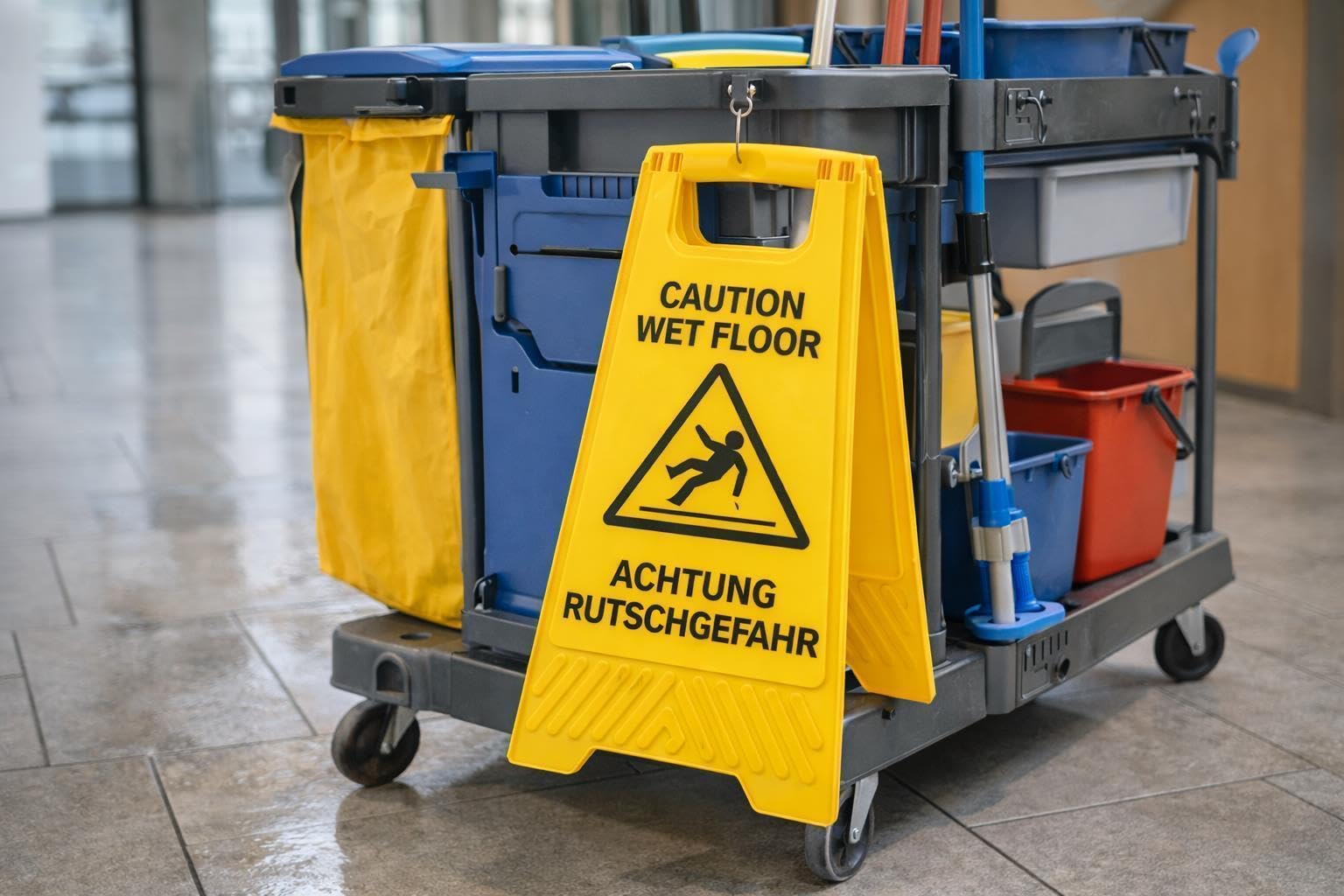 4 Stück Warnschild Rutschgefahr bei Nässe – faltbarer Warnaufsteller zweisprachig DE/EN 620x305mm für Reinigung, Hotel & Gastronomie