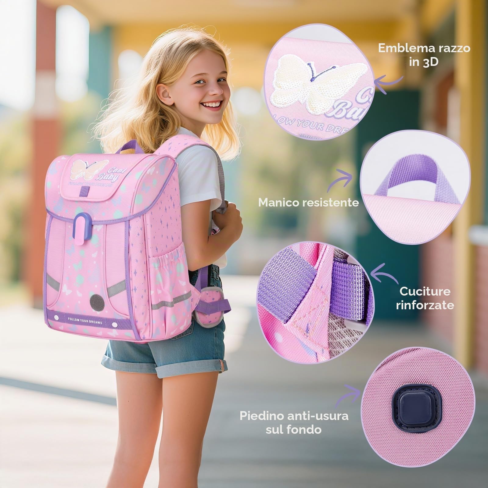 Amythe Zaino Ergonomico Ragazza 1a-4a Elementare Cintura Toracica | Zaino Scolastico Bambini 6-10 Anni Cintura Rimovibile Riflettente 24L Rosa