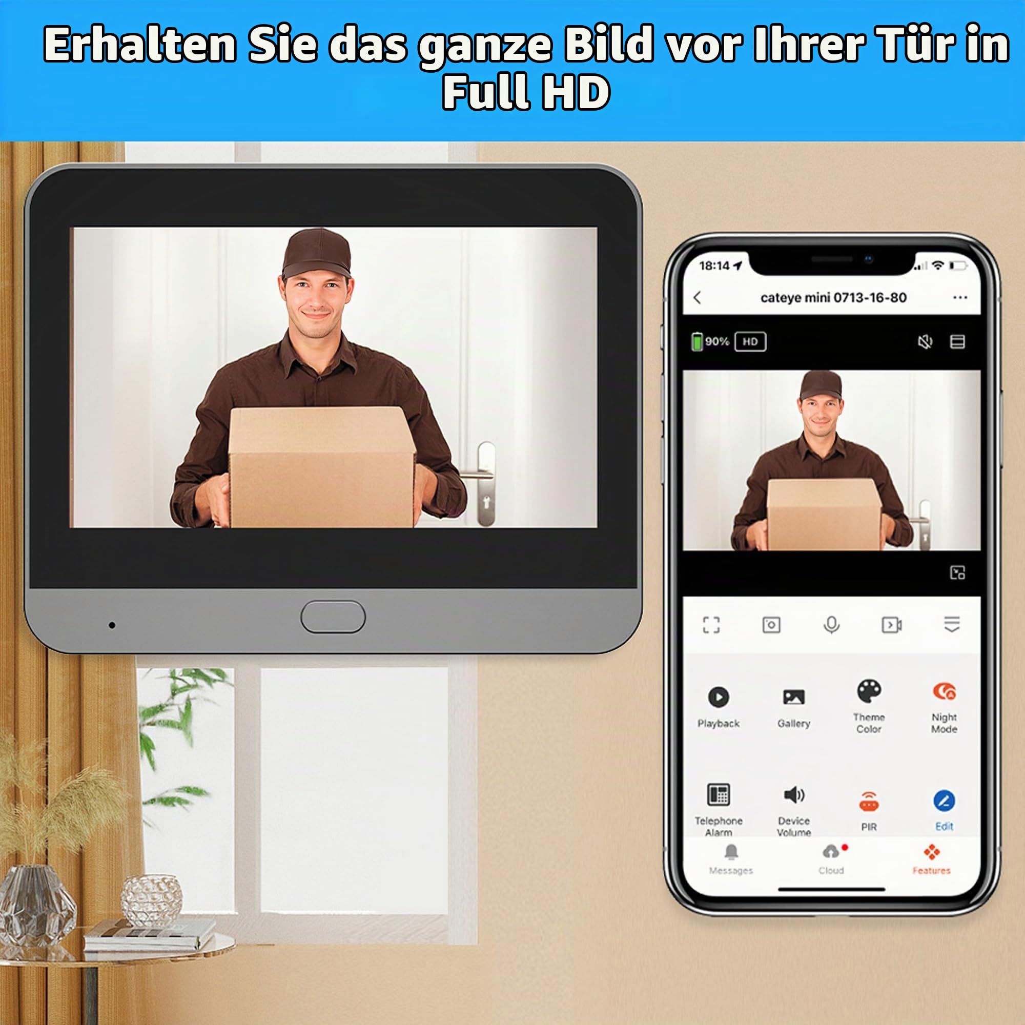 Bewinner 1080P Video Türklingel mit Kamera, 4,3-Zoll-LCD HD Bildschirm, 130° Weitwinkel, Visuelle Türklingel, Digitaler Türspion, Türspion Kamera mit PIR Bewegungserkennung (Schwarz)