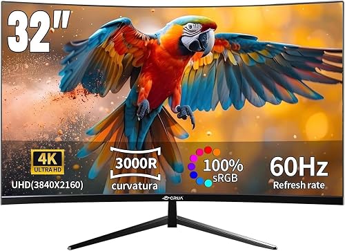 CRUA 32 Inch Curved 4K Gaming Monitor - 60Hz Refresh Rate, 1ms Response Time, HDR10 Support, G-Sync Compatible, Curved VA Panel 1500R (32"), Ideal for GA - 8