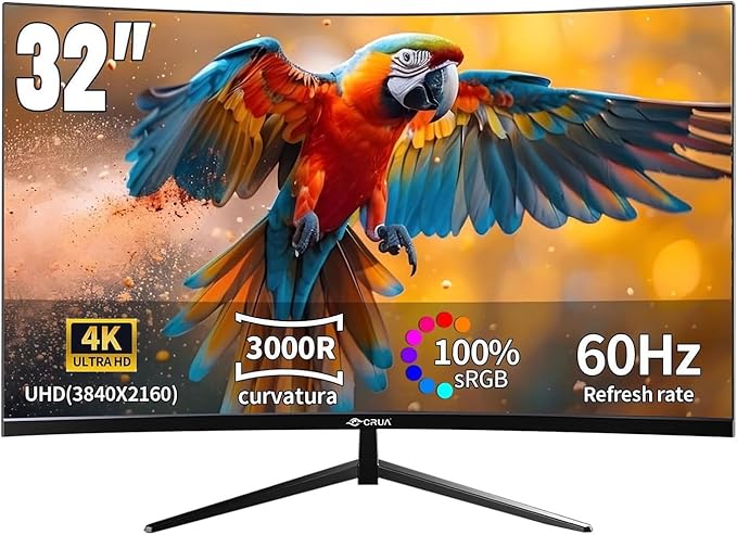 CRUA 32 Pouces incurvé Moniteur de Jeu 4K - Taux de rafraîchissement de 60 Hz, Temps de réponse de 1 ms, Prise en Charge HDR10, Compatible G-Sync, Dalle VA incurvée 3000R idéal pour Les GA