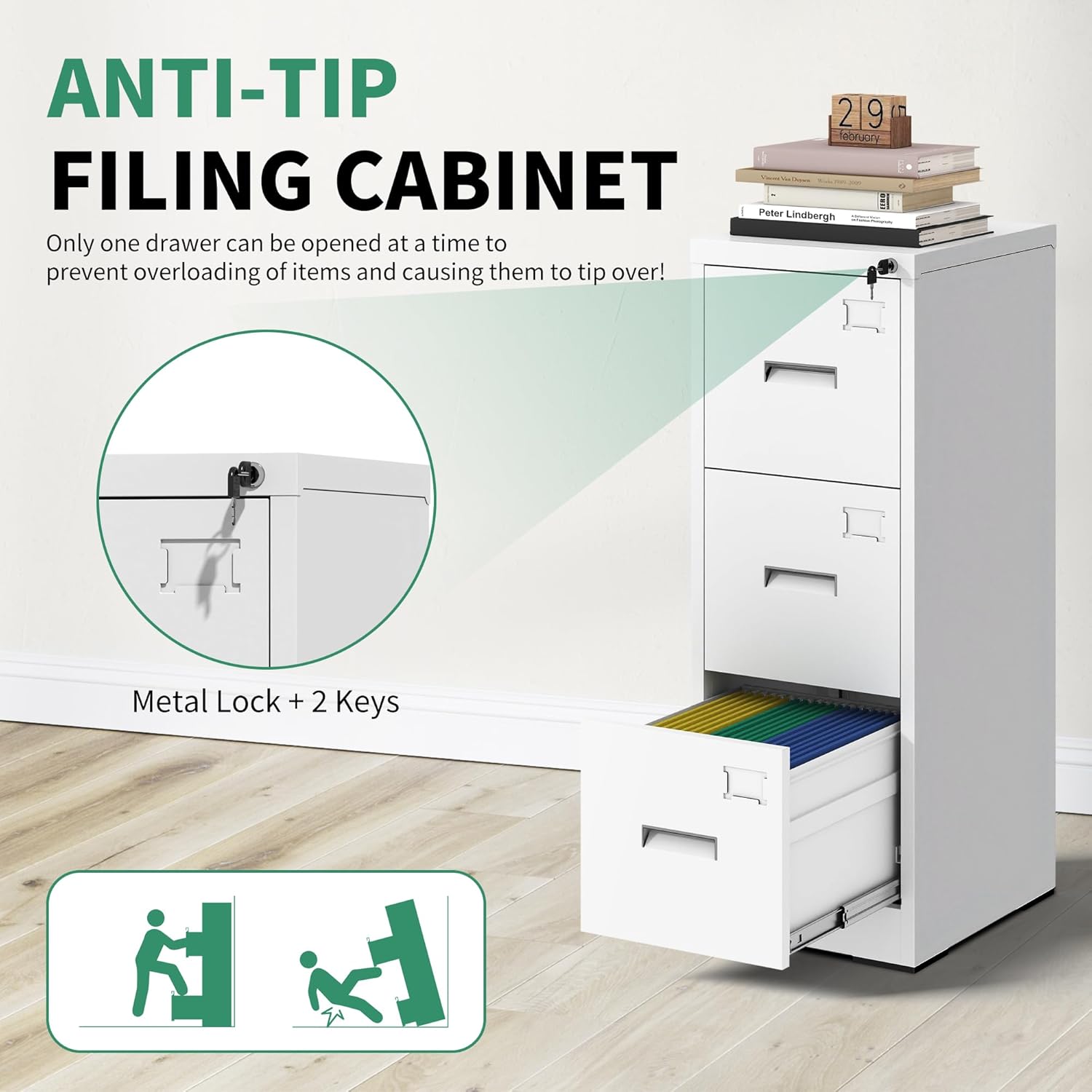3 Drawer File Cabinet, Vertical File Cabinets with Lock for Home Office,Heavy Duty Office Steel Filing Cabinet for Hanging Letters/Legal/A4, Assembly Required (White)