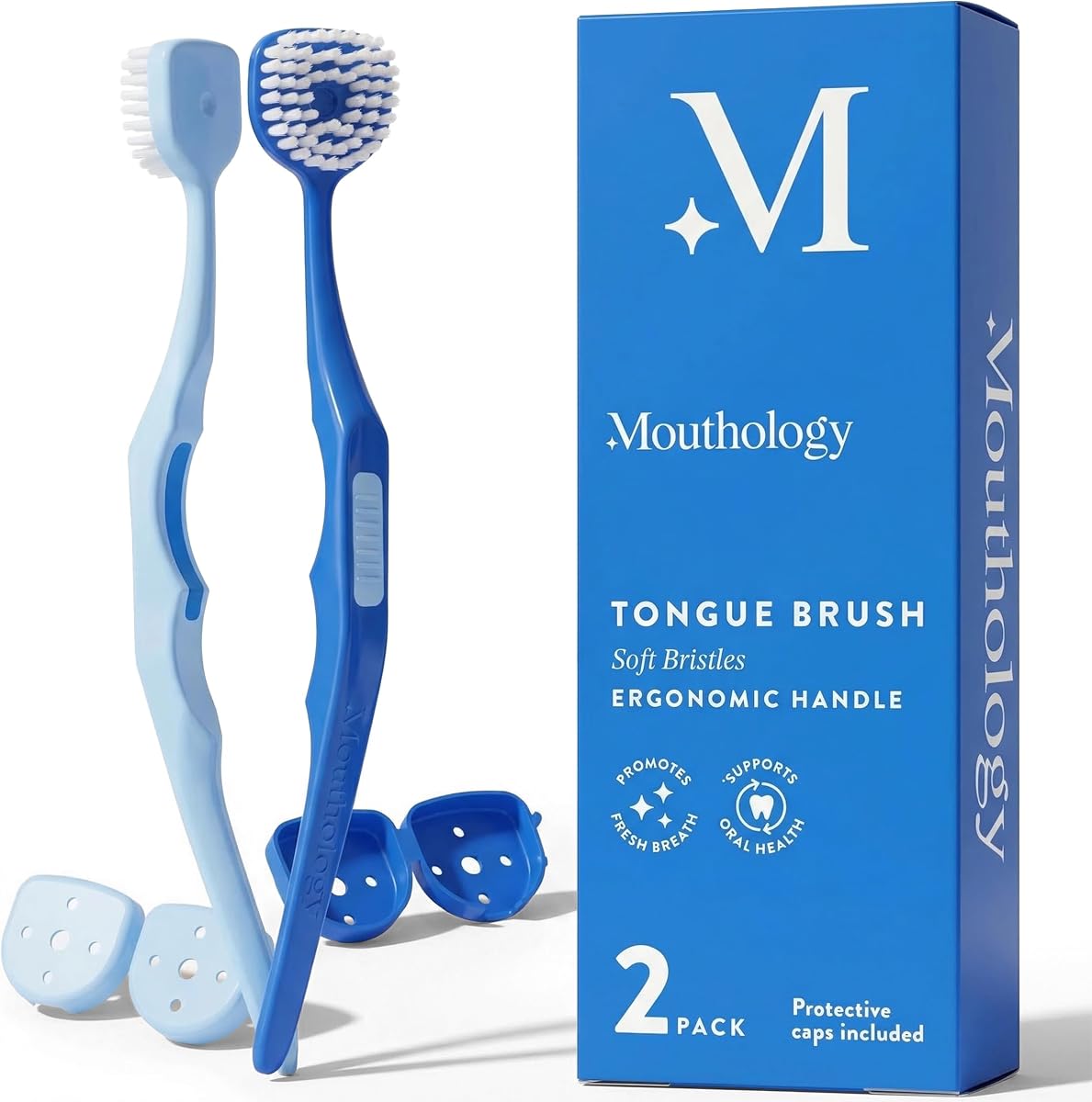 Soft Bristle Tongue Brush for Adults for Bad Breath, Halitosis & Oral Hygiene - Tongue Scraper Brush with Ergonomic Handle & Protective Cap for Easy Storage & Travel - 2 Pack