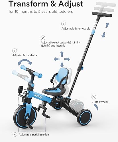 Miniatura 3 de besrey Bicicleta 5 en 1 para niños pequeños, triciclo para niños de 1 a 3 años, triciclo con asa de empuje, respaldo y cinturón de seguridad,