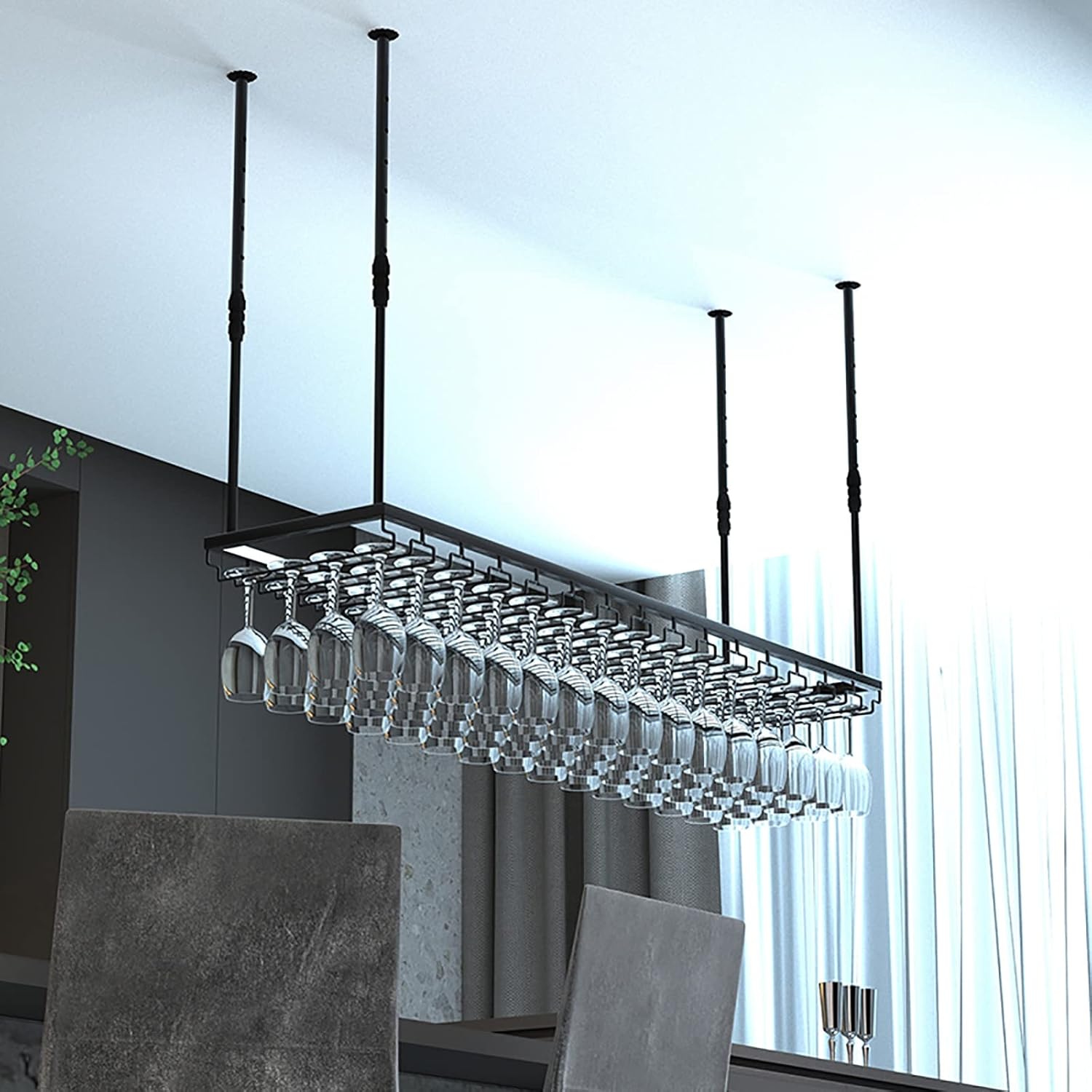 Hanging Wine Glass Holder Industrial Metal Stemware Rack,Wine Glass Holder,Ceiling Mounted Wine Glass Hanging Rack,Height Adjustable Wine Glass Shelf,for Bars Restaurants Kitchens