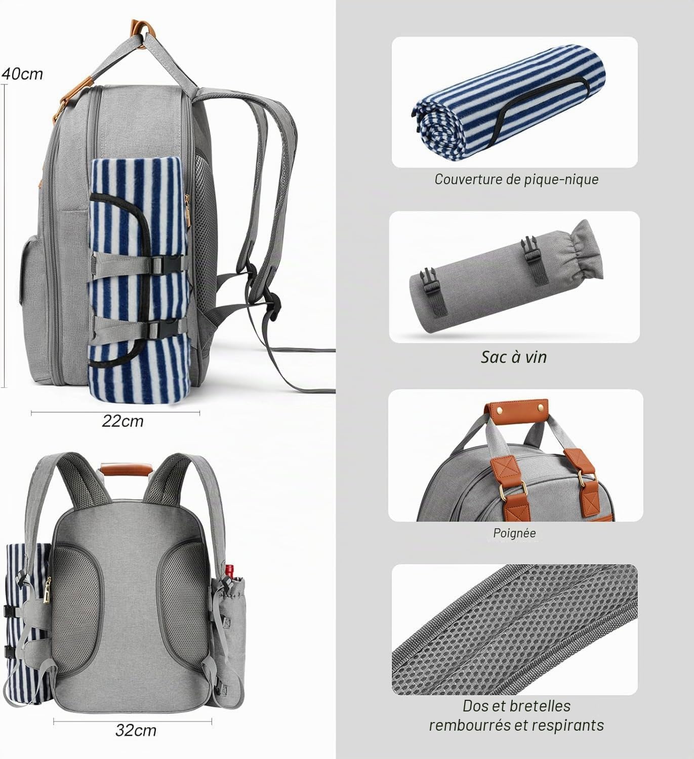 Sac à Dos de Pique-Nique pour 4 Personnes, avec Compartiment Isotherme et Porte-vin, Couverture Polaire et Couverts, pour Camping, Plage, Voyages, randonnée, Accessoires, Gris Clair