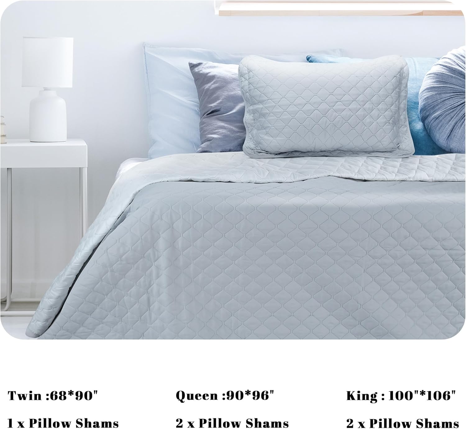 Catalonia Lightweight Summer Bedspread, Queen Size Quilt Set, 3 Pieces Bedding Coverlet-1 Quilt and 2 Pillow Shams, Grey Dimond Pattern, 90x96 inches