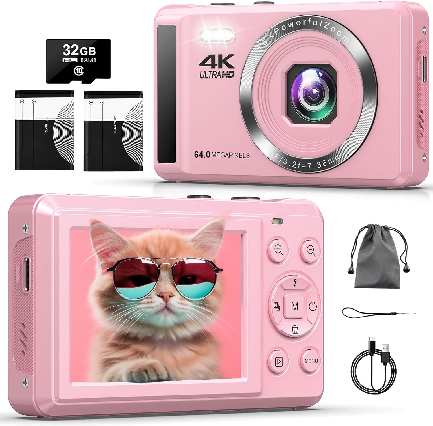 4K Digital Camera - 64MP UHD Digital Cameras for Photography - Autofocus Point and Shoot Camera Compact Cameras for Kids Teen Boys Girls - Small Camara with 16X Digital Zoom, 32GB SD Card, 2 Batteries