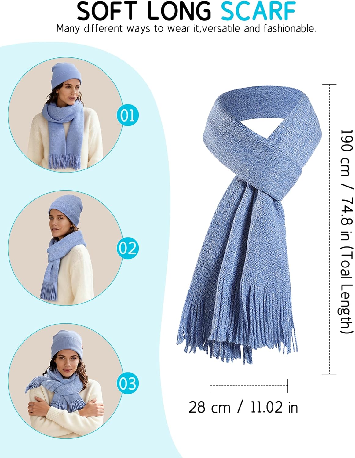 Women's Winter Beanie Hat Scarf Gloves Set, Warm Fleece Interior Knit Hat with Long Scarf Touchscreen Gloves 3 in 1 Set - Image 5