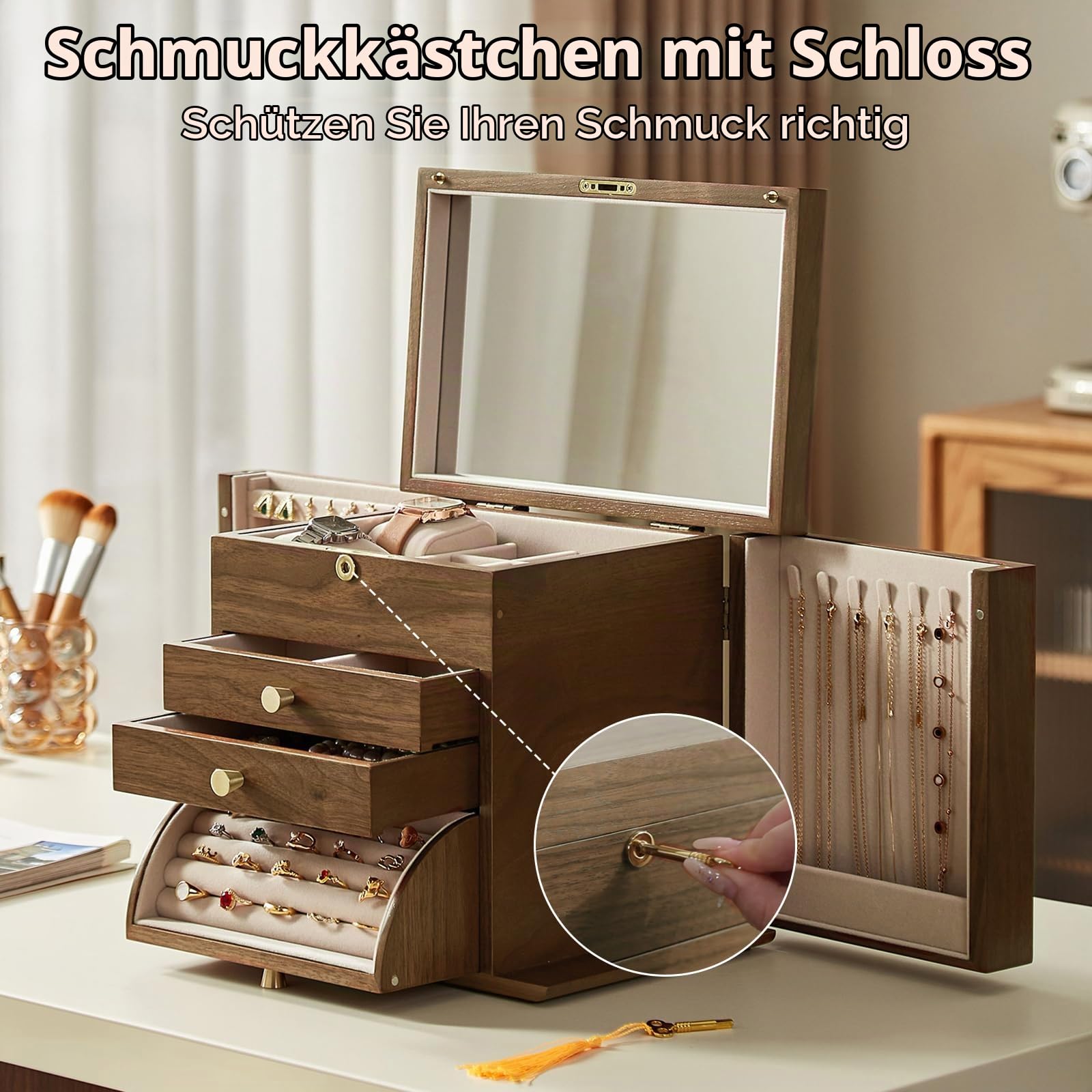 Vintage Schmuckkästchen aus Holz 4 Ebenen Schmuckaufbewahrung Schmuckkasten Groß Schmuckschatulle Massivholz 3 Schubladen Schmuckbox mit Spiegel für Damen Schmuck Ringe Ketten Armbänder
