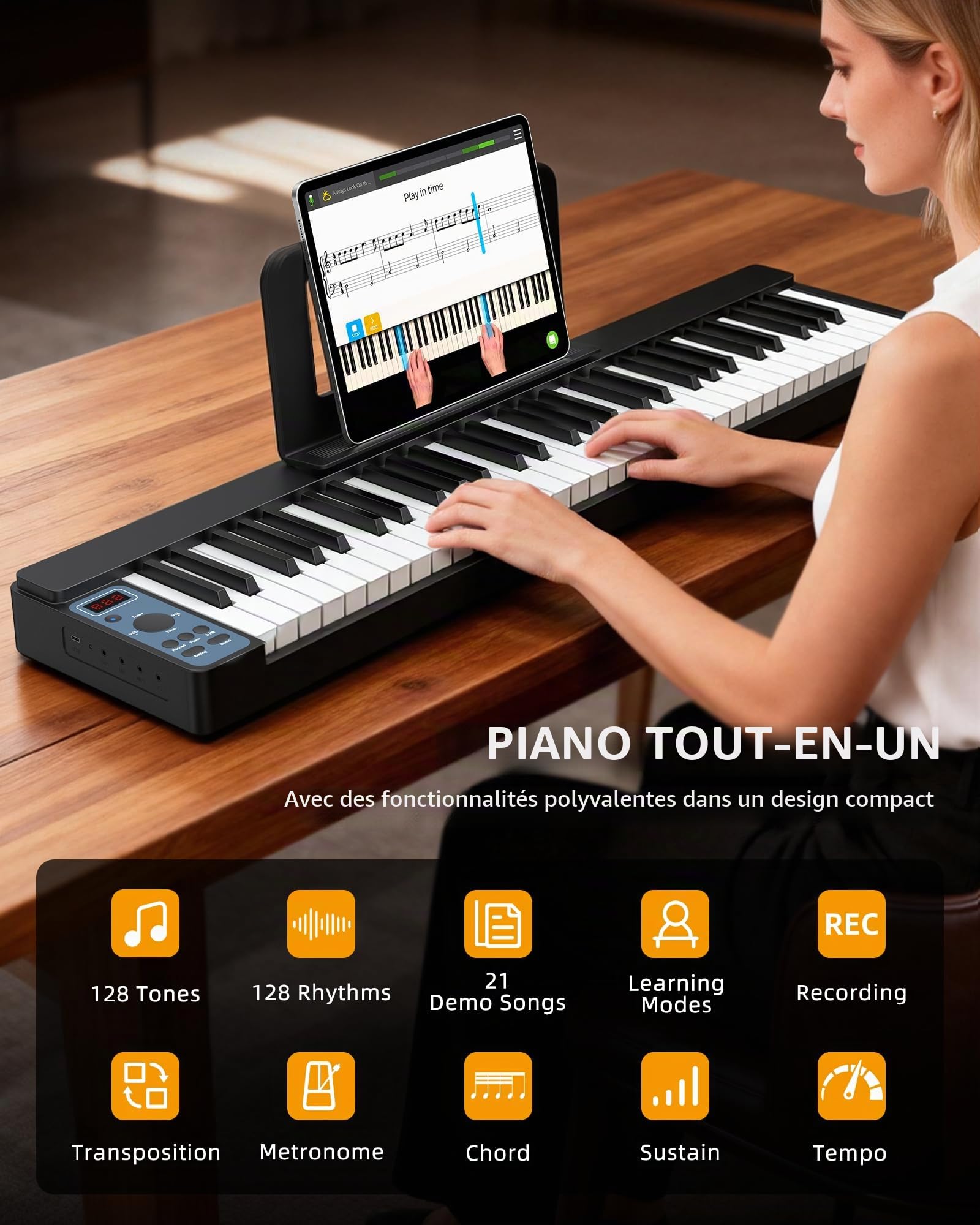 Clavier électronique pliable LEKATO à 61 touches, clavier pliable à 61 touches avec sensibilité tactile, rechargeable, Bluetooth MIDI, étui portable, pour débutants/amateurs de musique/enfants