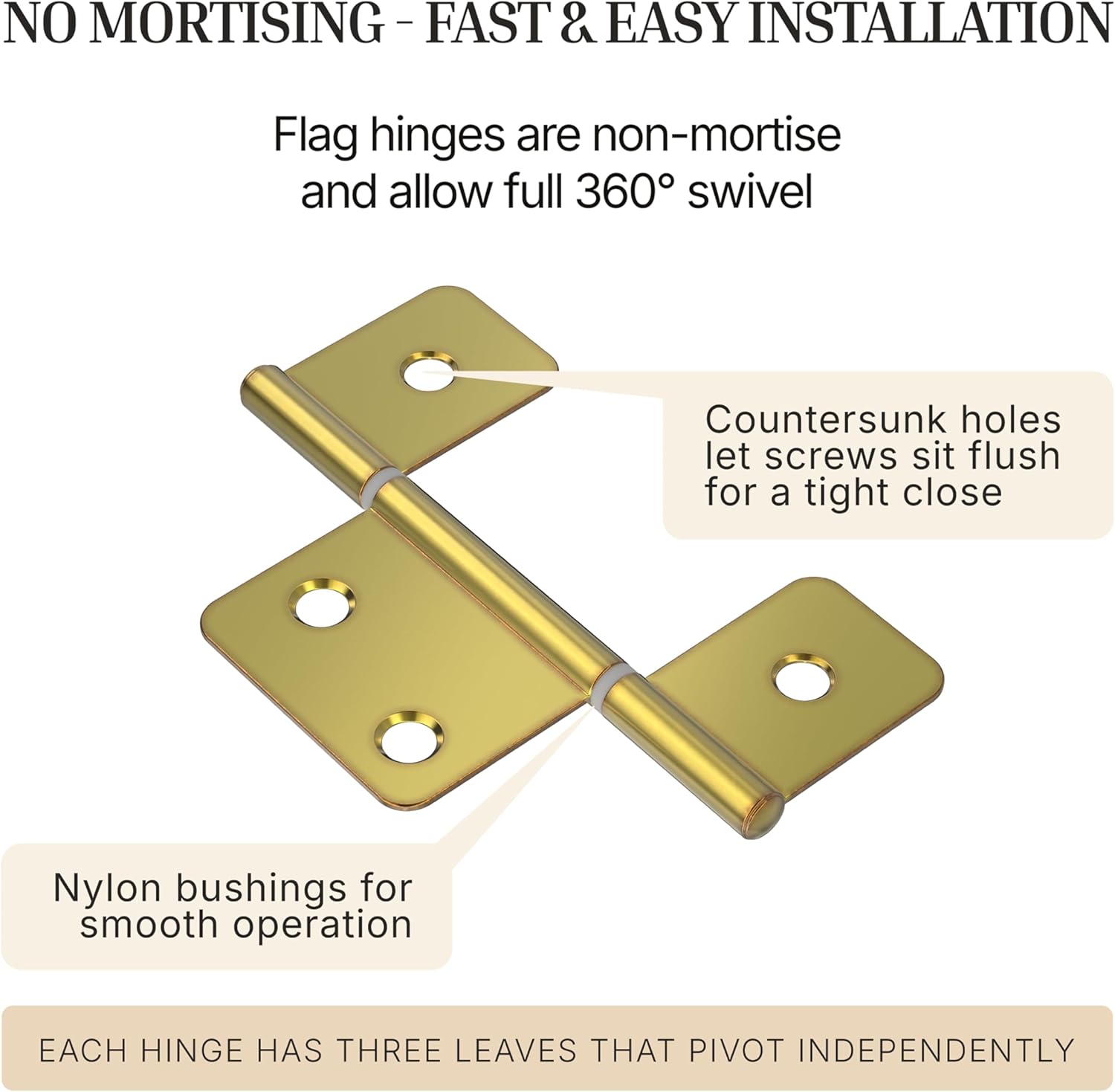 3-1/2" Brass 3-Leaf Flag Hinges - Pack of 2 - Non-Mortise Hinges for Bi-Fold, Shutter and Cabinet Doors in Mobile Homes, Campers, Trailers - Furniture Hardware - NH8-SB