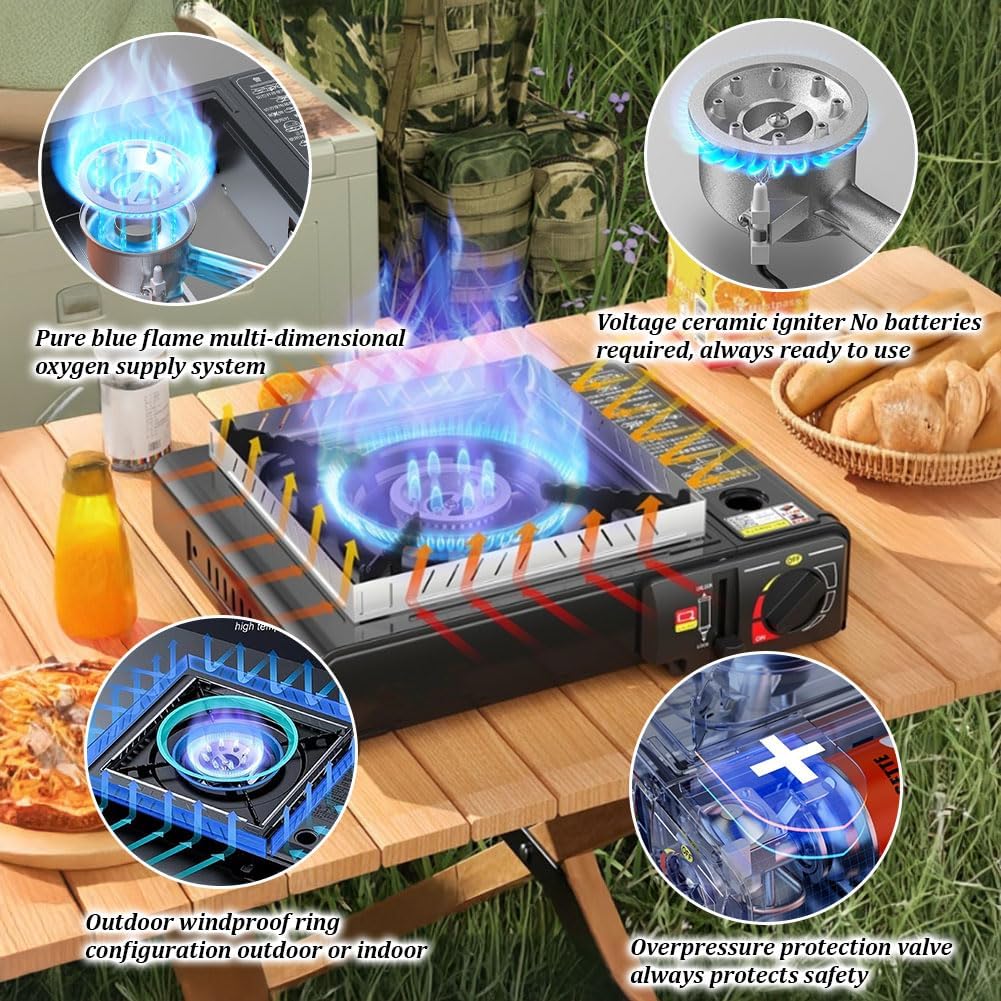 Camping Stove with Carrying Case, Portable Propane or Butane Stove, Dual Fuel Gas Stove, Automatic Ignition, Indoor Outdoor Cooking Camp Stove for Picnics Hiking Fishing BBQ, White