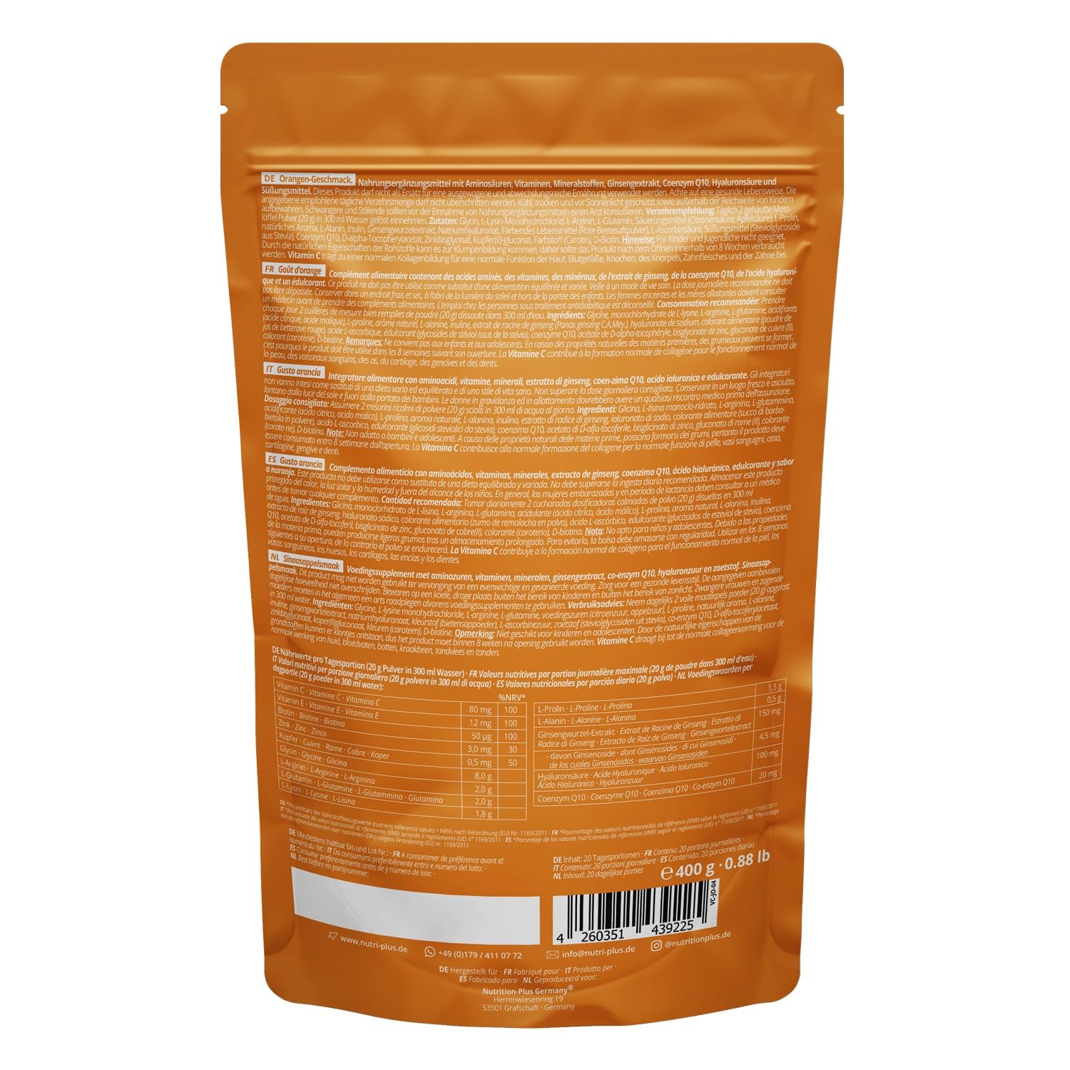Nutri + Vegan Collagen Formation Support - Pulver zur Unterstützung der Kollagenbildung bzw. Kollagen Peptiden - mit Hyaluronsäure - 400 g Orange