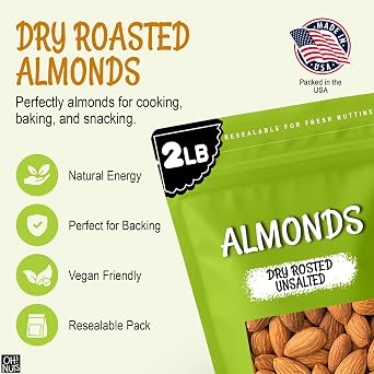 Oh! Nuts Almonds - Dry Roasted Unsalted Almonds - 2 lb - No Salt, No Oil All-Natural Protein - Packed in New York Zip-Seal Bag for Exceptional Freshness