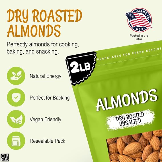 Oh! Nuts Almonds - Dry Roasted Unsalted Almonds - 2 lb - No Salt, No Oil All-Natural Protein - Packed in New York Zip-Seal Bag for Exceptional Freshness