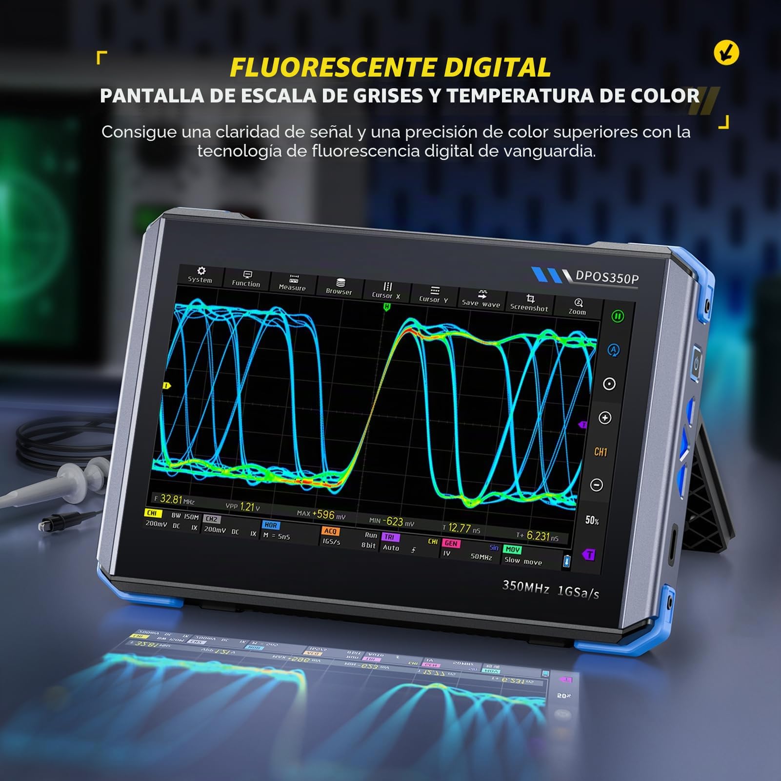 DPOS350P 4 en 1 Osciloscopio/Generador de señales/Analizador de espectros/Analizador de respuesta en frecuencia, con frecuencia de muestreo en tiempo real 1GSPS, Pantalla táctil IPS de 7