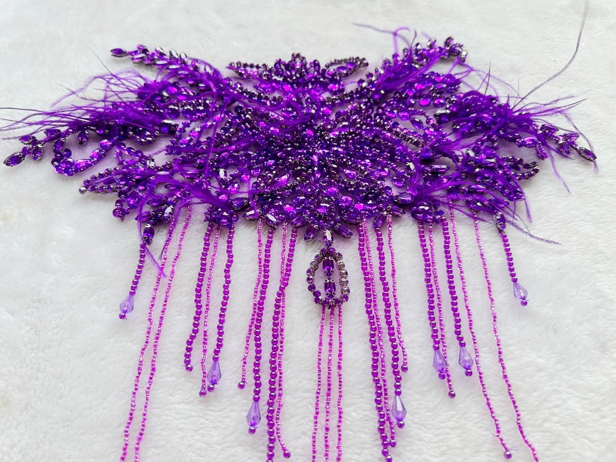 Creative Feather Design Wedding Dress Clothes Patch Shiny Acrylic Rhinestones Decoration Accessories Applique (Purple)