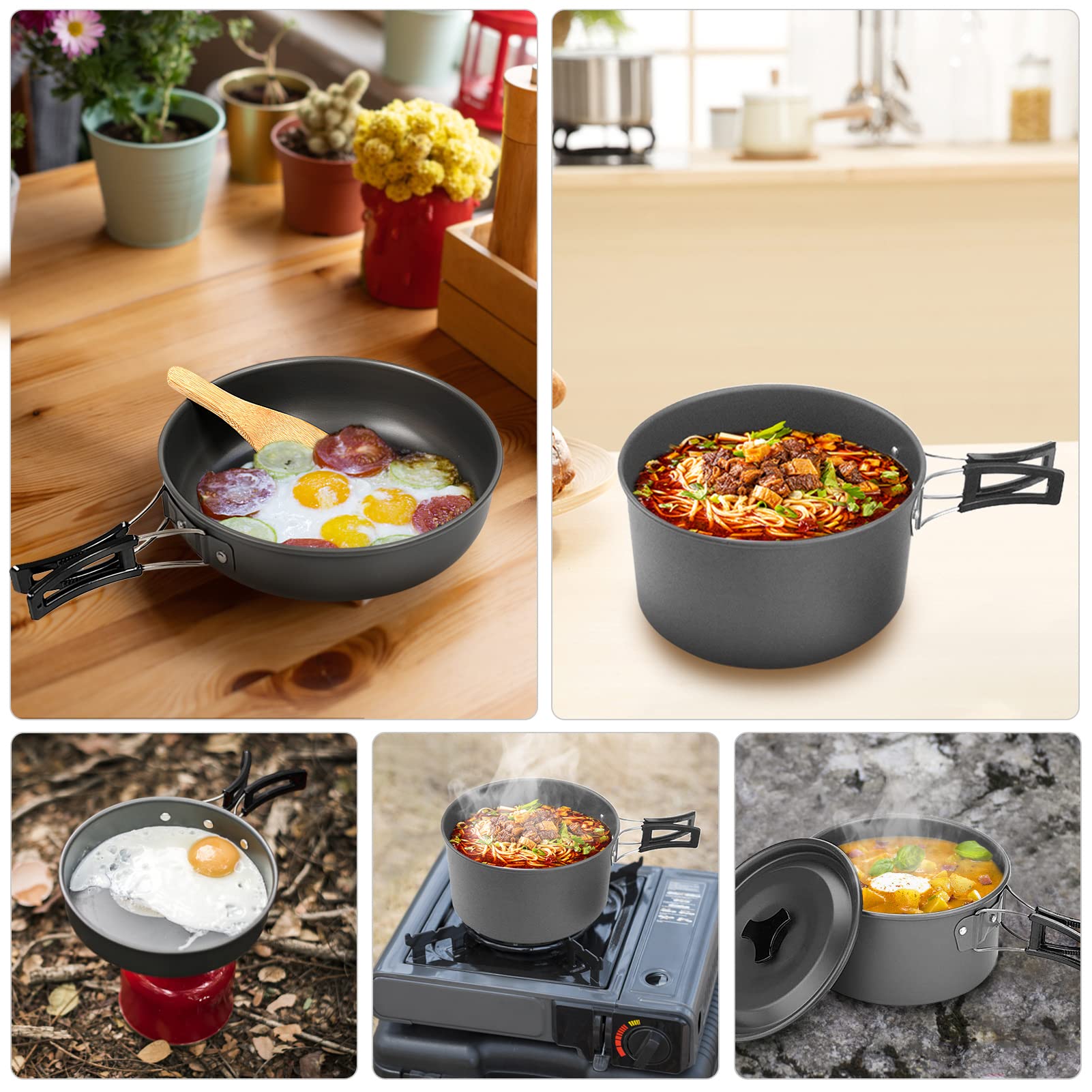 Lixada Lot de 10 ustensiles de cuisine de camping antiadhésifs légers empilables avec sac de rangement, ustensiles de cuisine d'extérieur portables pour randonnée, pique-nique