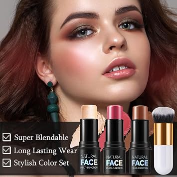 3 Pack Contour Highlighter Blush Sticks with Brush, Cream Bronzer Contour Stick Kit for Cheeks Eyes Lips, Long Lasting Waterproof Smooth Multi Stick Face Makeup Set for All Skin Type (Set D)
