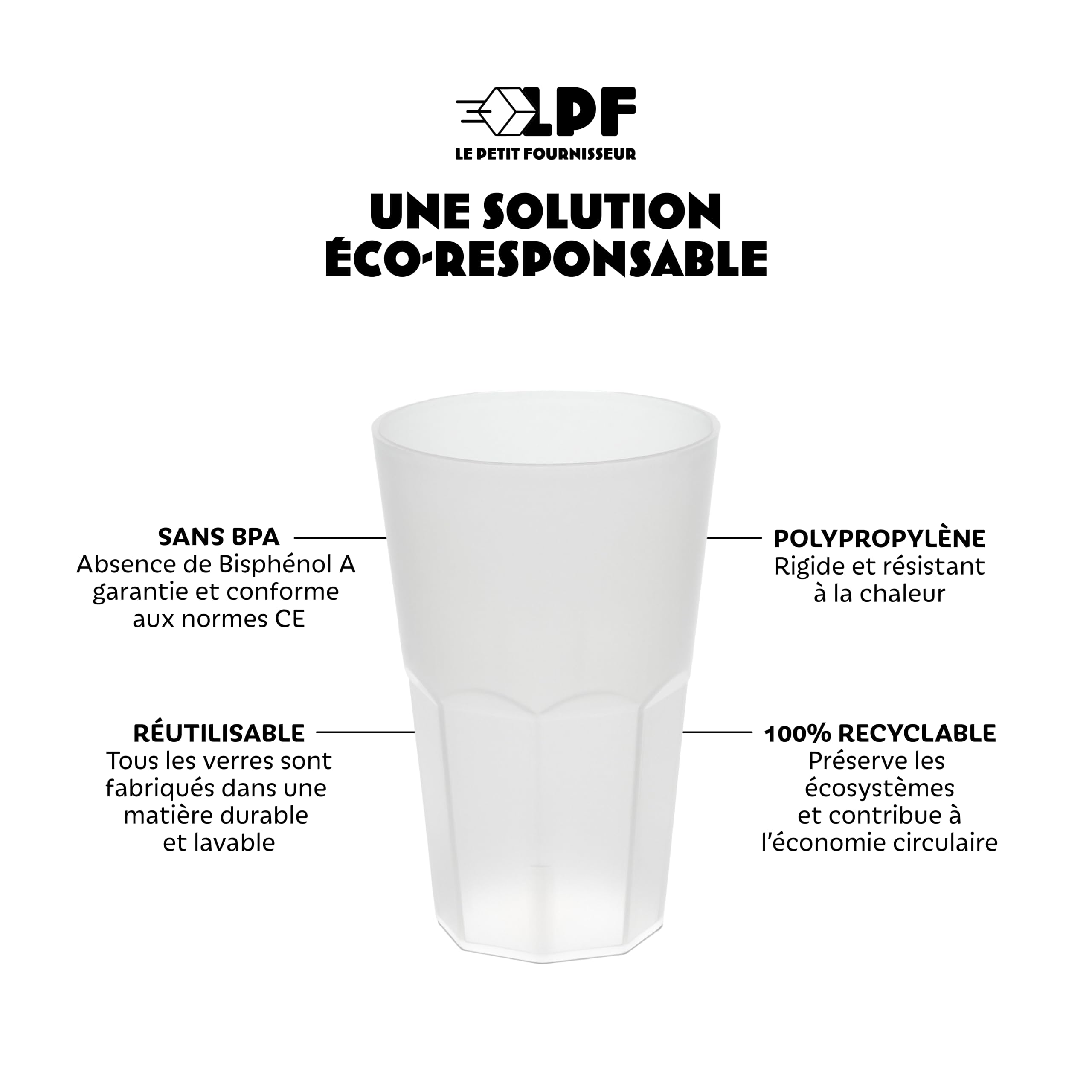 LPF LE PETIT FOURNISSEUR - Lot de 50 Gobelets à cocktail réutilisables Granity 33cl (40cl à ras-bord) - Polypropylène plastique alimentaire rigide - Verre à eau, bière, long drink - Couleur givrée