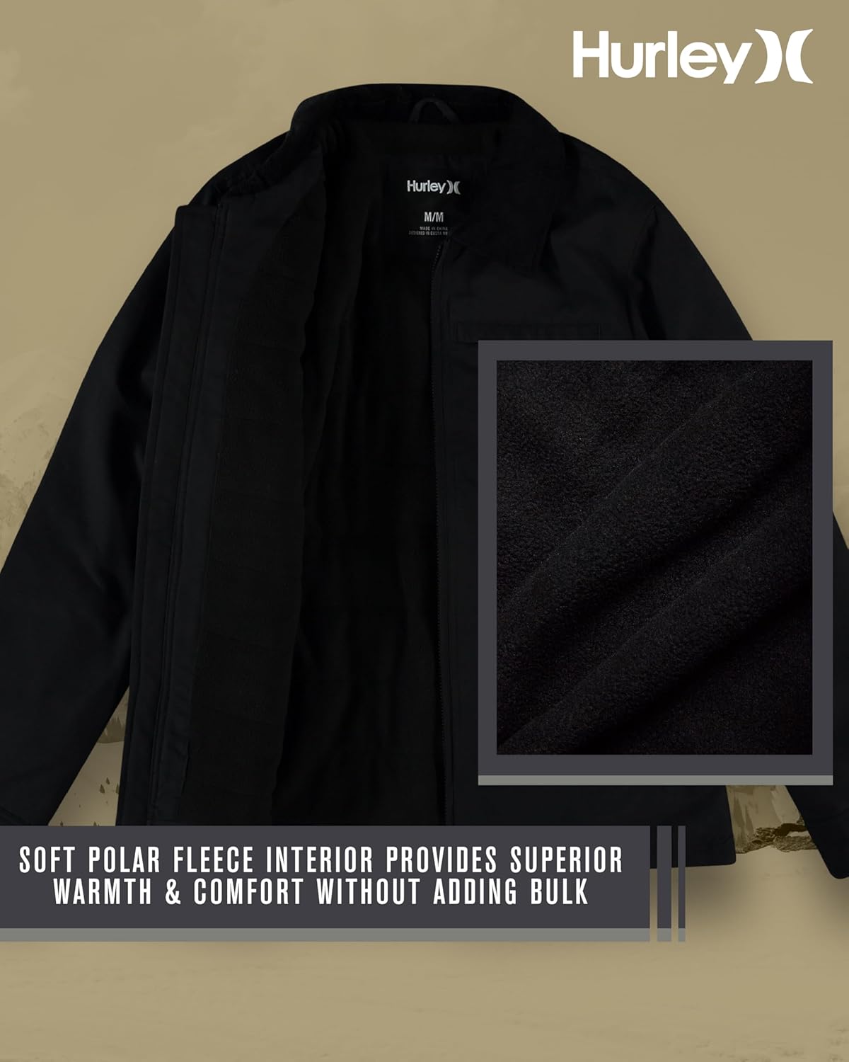 Hurley Mens Jacket - Soft Twill Coat with Full Polar Fleece Lining - Corduroy Collar Outerwear Jacket for Men