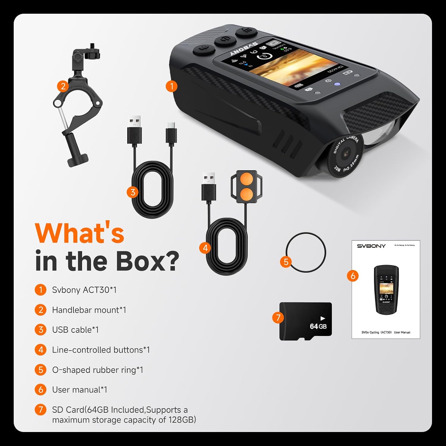 Contents of the SVBONY SVGo C1 Sport Camera box, including the camera, mount, cables, and accessories.