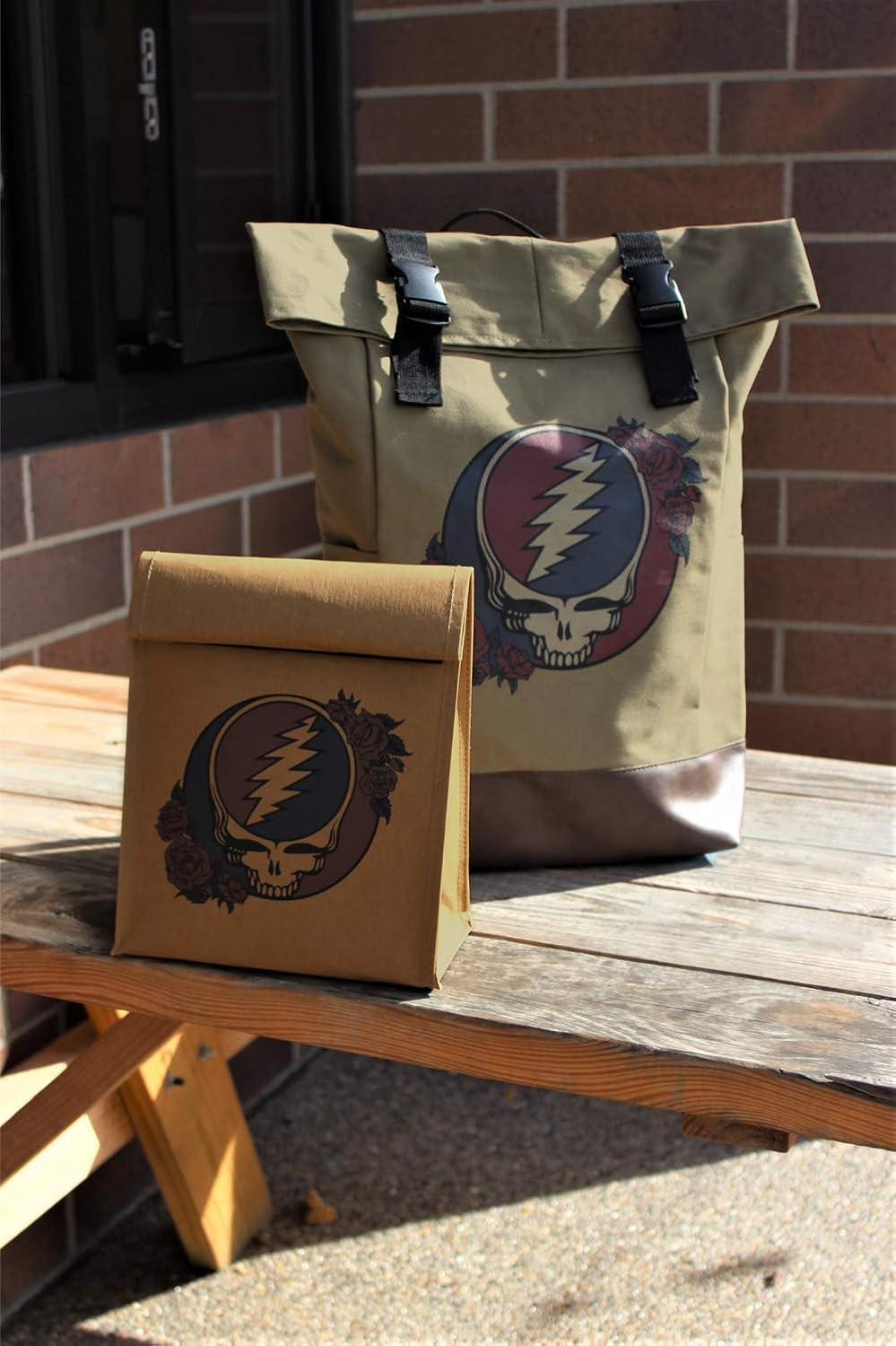 Ripple Junction Grateful Dead Canvas Roll Top Backpack Bag w/Vegan Leather Reinforced Bottom Dual Adjustable Shoulder Straps Steal Your Face Logo Officially Licensed