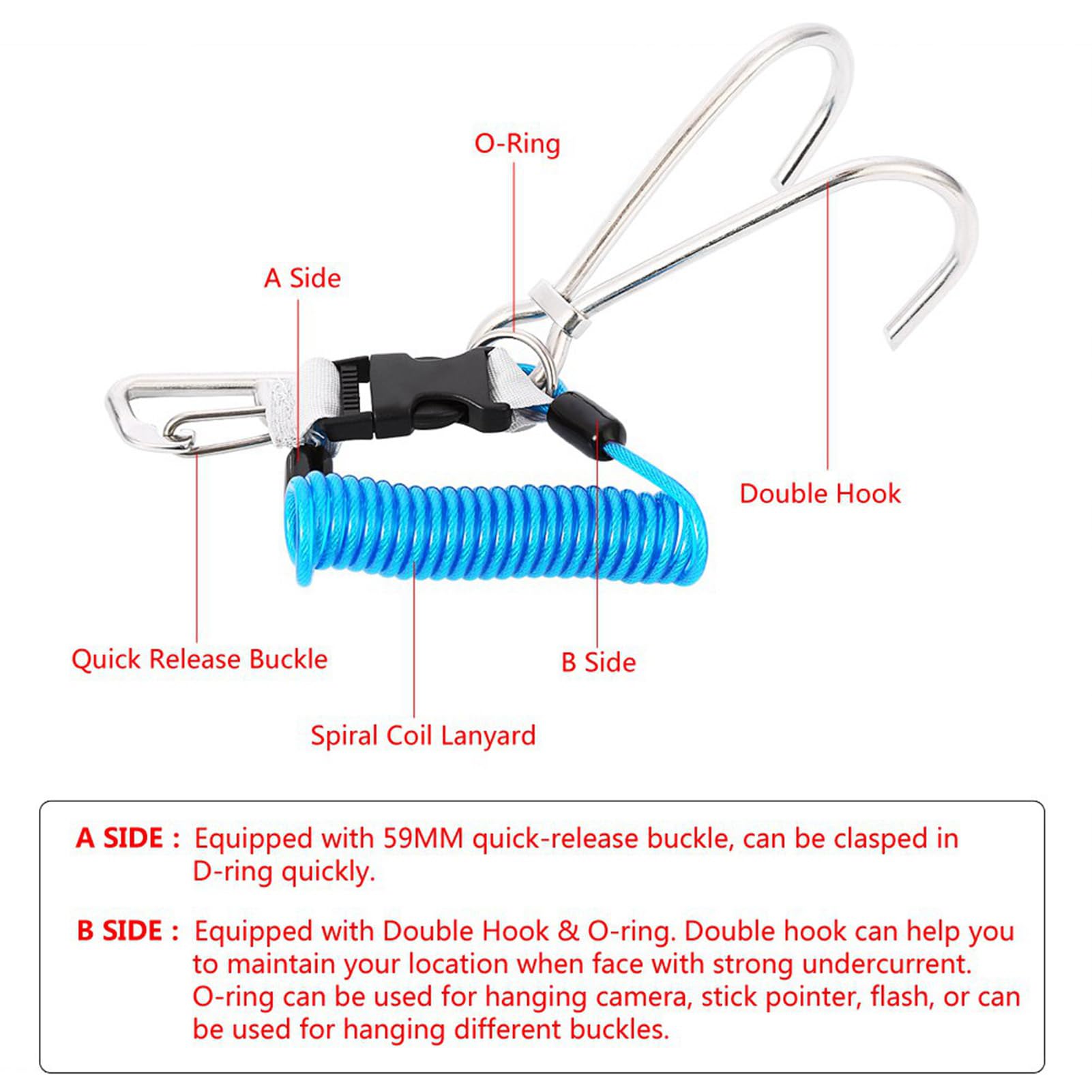 Riffhaken Tauchen aus Marine 316 Edelstahl, Spiralkabel Kamera Tauchen mit 1,5m elastischem Lanyard, Tauchzubehör mit Schnellverschluss und O-Ring für Unterwasseraktivitäten (Blau)