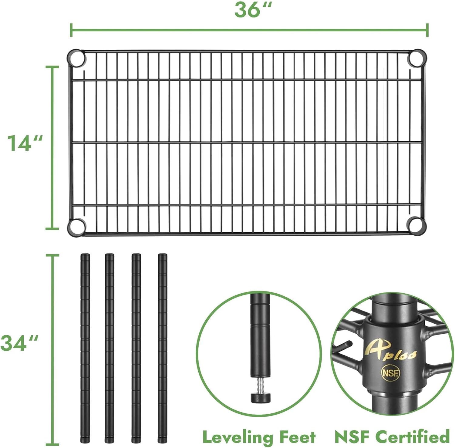 APLSS 14" D x 36" W x 34" H Black Heavy Duty Wire Shelving with 3 Tier Shelves, NSF Certified, Height Adjustable, Wet&Dry Environments, for Kitchen Garage Walk-in Cooler&Freezer, 800lbs Capacity
