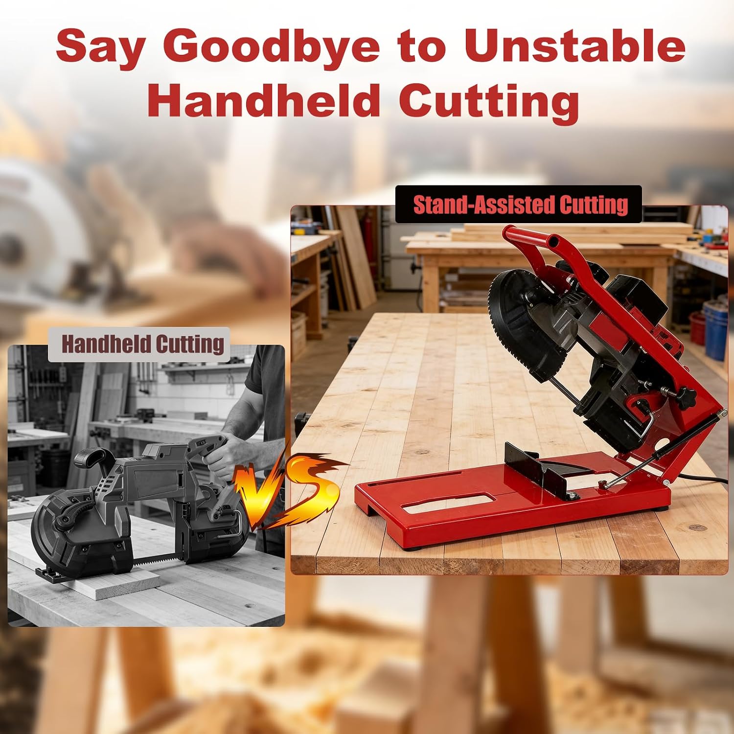 Portable Band Saw Stand Compatible with Milwaukee 6232-20, 6232-21, 6238-20, 6238-21 & 2729 Models, Deluxe Heavy Duty Benchtop Conversion Stand with Vertical Table, Clamp & 0-60° Adjustable Angle Cutting