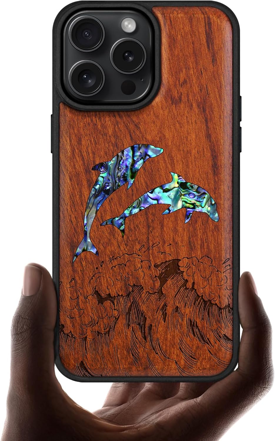 Carveit Magnetic Case for iPhone 16 Pro Max Case, Wood Artisan Engraved & Handmade Shell Inlaid, TPU Shockproof Cover, Compatible with MagSafe Wireless Chargers (Dolphins in The Waves) Rosy