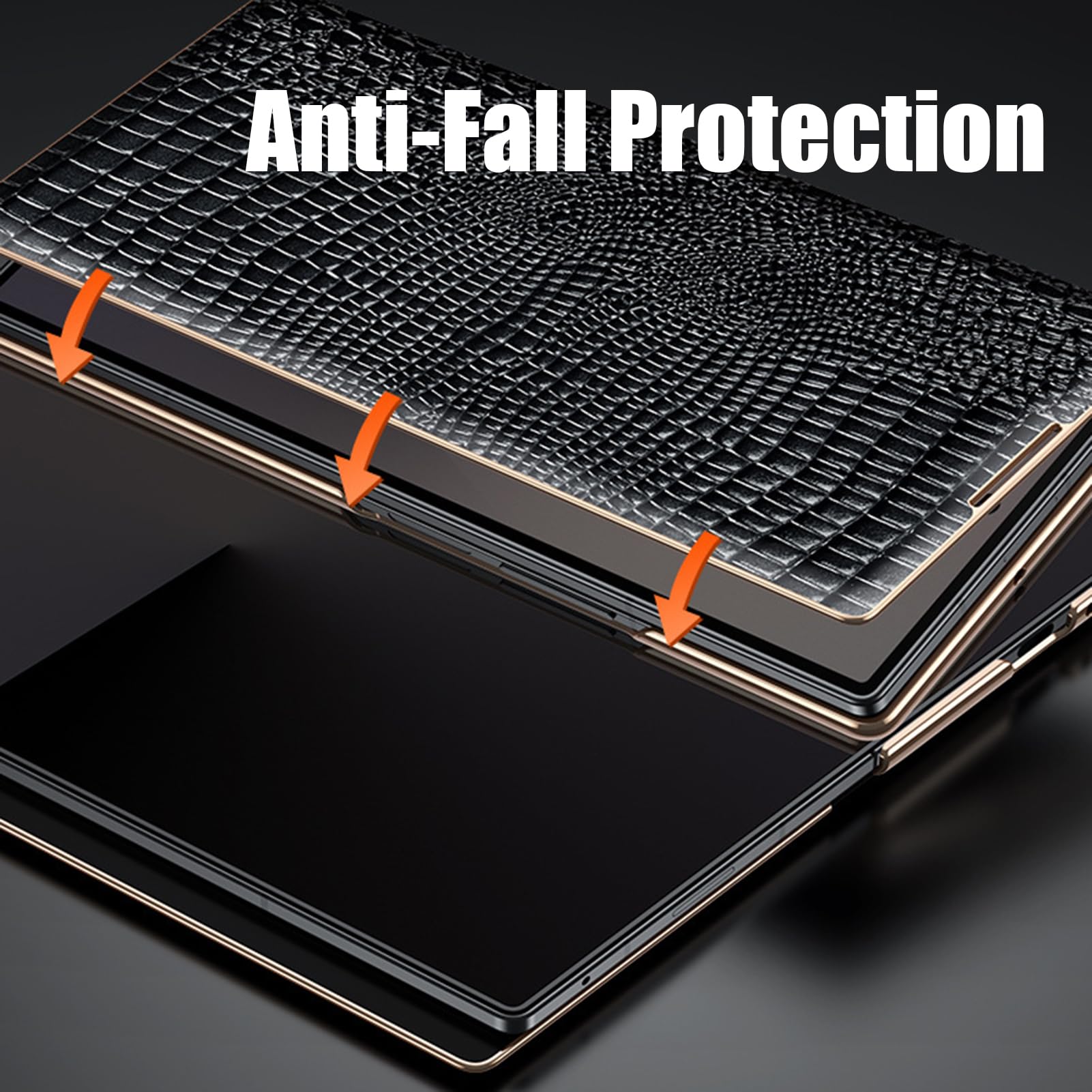 Funda Enchapada For Samsung Galaxy Z Fold 8 Ultra, Cuero Genuino Textura De Cocodrilo Cubierta De Borde Dorado Protección De La Cámara Forro De Fibra con Tapa Carcasa Antirrayas(Black)