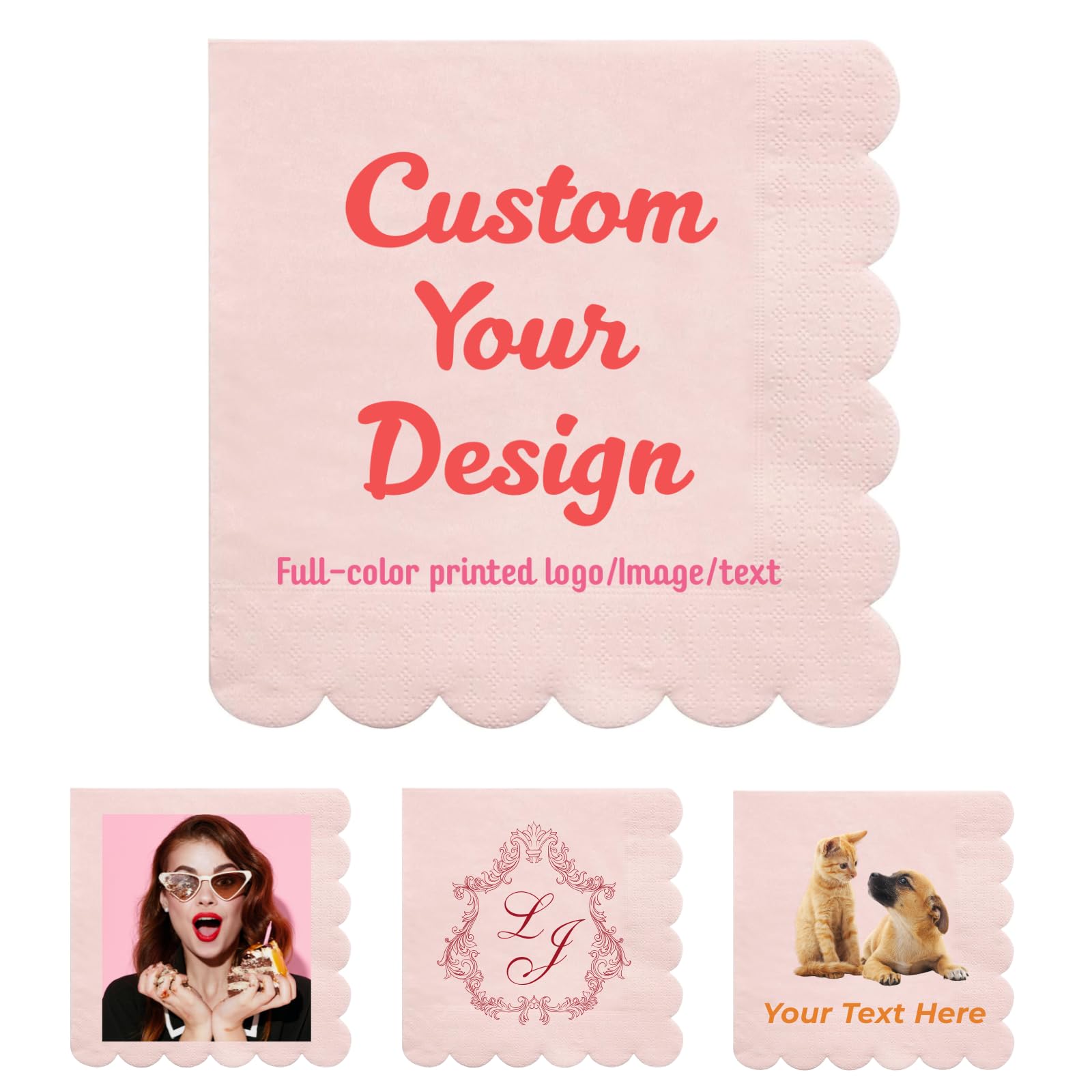 20-500 Pcs Personalised Scalloped Napkins, 33x33cm, Custom Logo/Text/Name Pink & Blue Napkins, Luncheon Dessert Paper Serviettes Party Cocktail Decor for Birthday, Wedding, Baby Shower