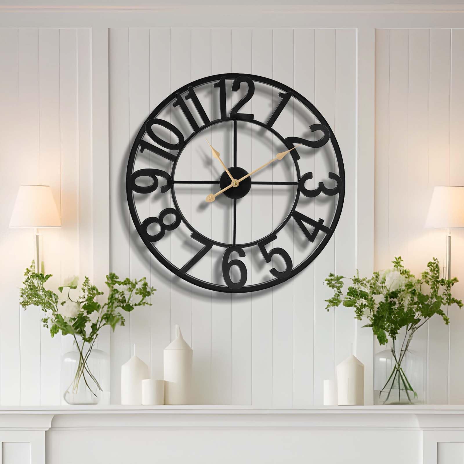 Vantic 24 Inch Large Wall Clock, Arabic Numeral Metal Oversized Wall Clocks for Living Room Decor, Bedroom and Kitchen, Completely Silent, Non Ticking, Battery Operated
