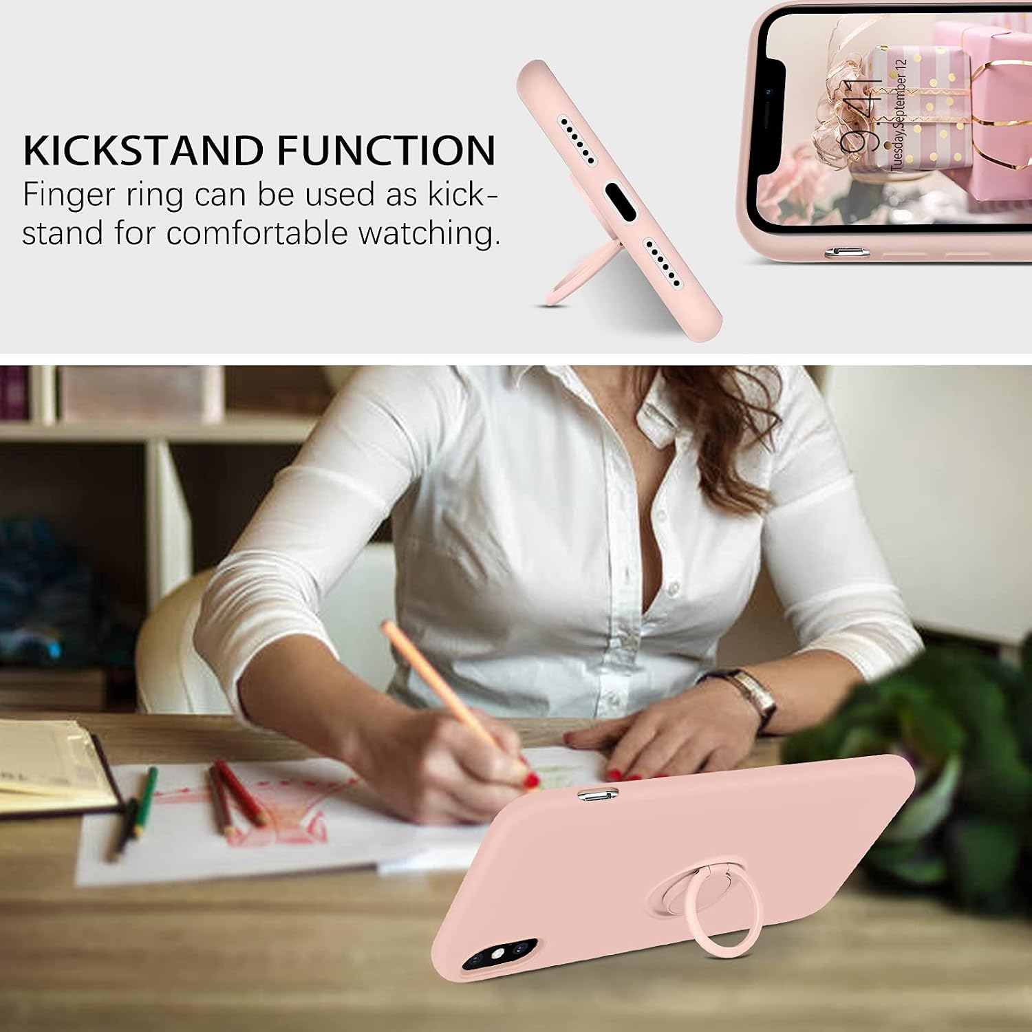 DUEDUE iPhone Xs Case, iPhone X Case, Liquid Silicone|Ring Kickstand|Car Mount Function|Shock Absorption Full Body Protective Case with Soft Gel Rubber Slim Cover for iPhone Xs/iPhone X, Pink Sand