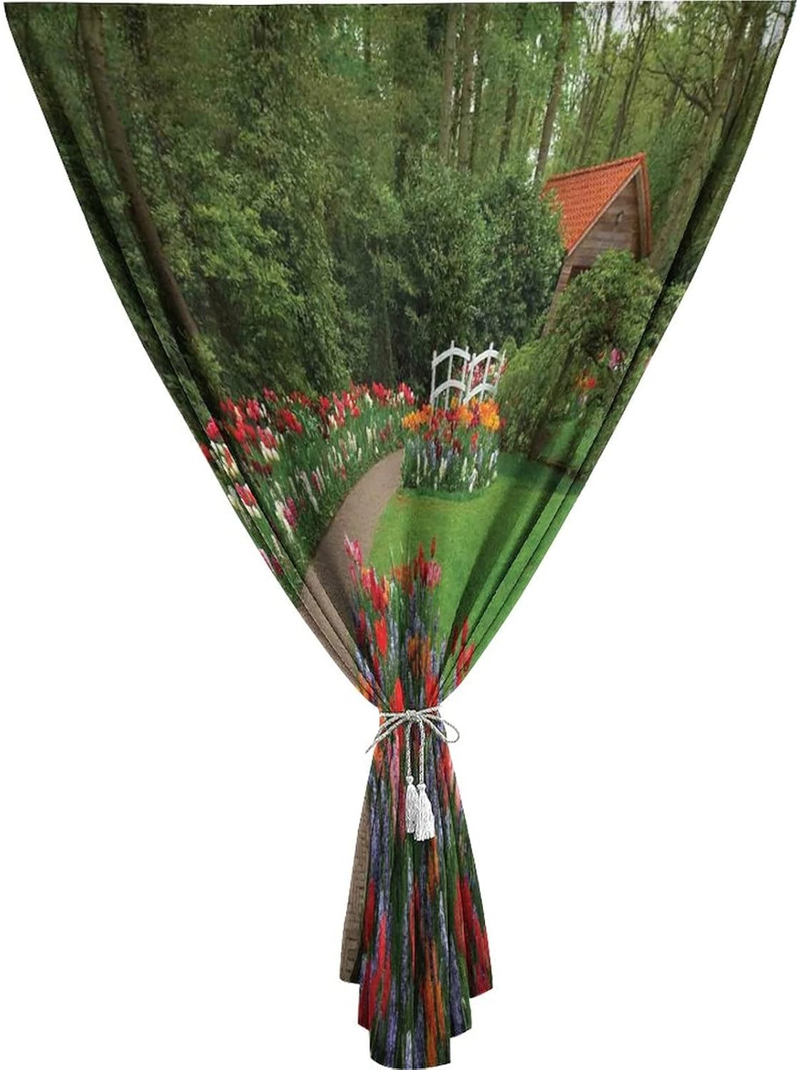 XISUNYA Self Adhesive Portable Blackout Curtains, Country Decor Room Darkening Curtains, Spring Garden with Hut Bridge Plants Flowerbeds and Walkway Print Temporary Blackout Blinds,59W x72L Inch